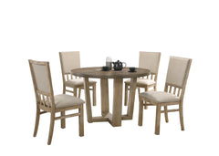 Vintage Walnut 5 Piece 47" Wide Contemporary Round Dining Table Set with Wheat Colored Fabric Chairs