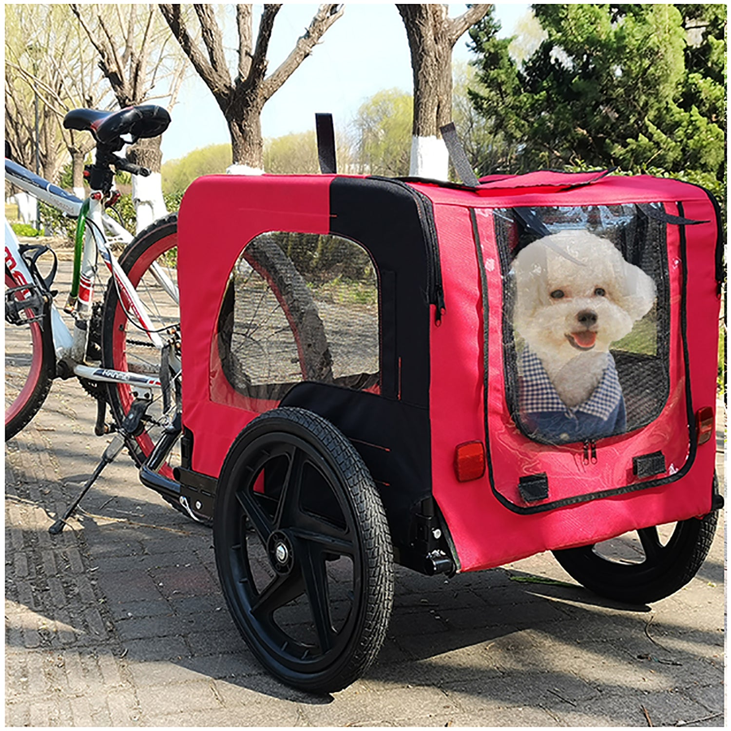 Bicycle Trailer for Pets Outdoor Foldable Red Color with reflectors and safety flag