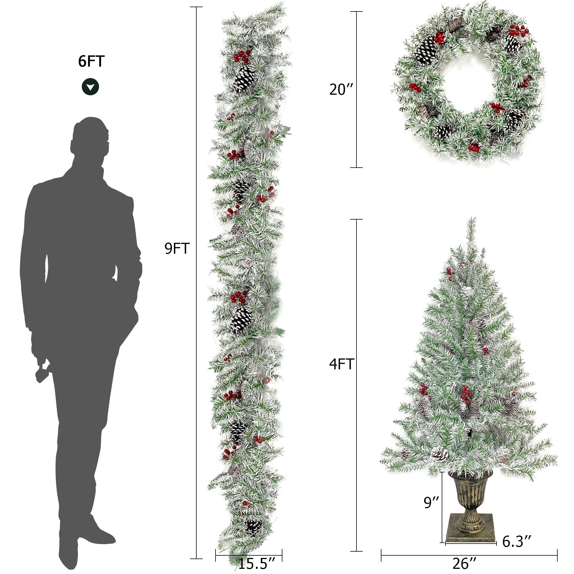 Pre-lit Xmas Tree Artificial Christmas 4-Piece Set,Garland, Wreath and Set of 2