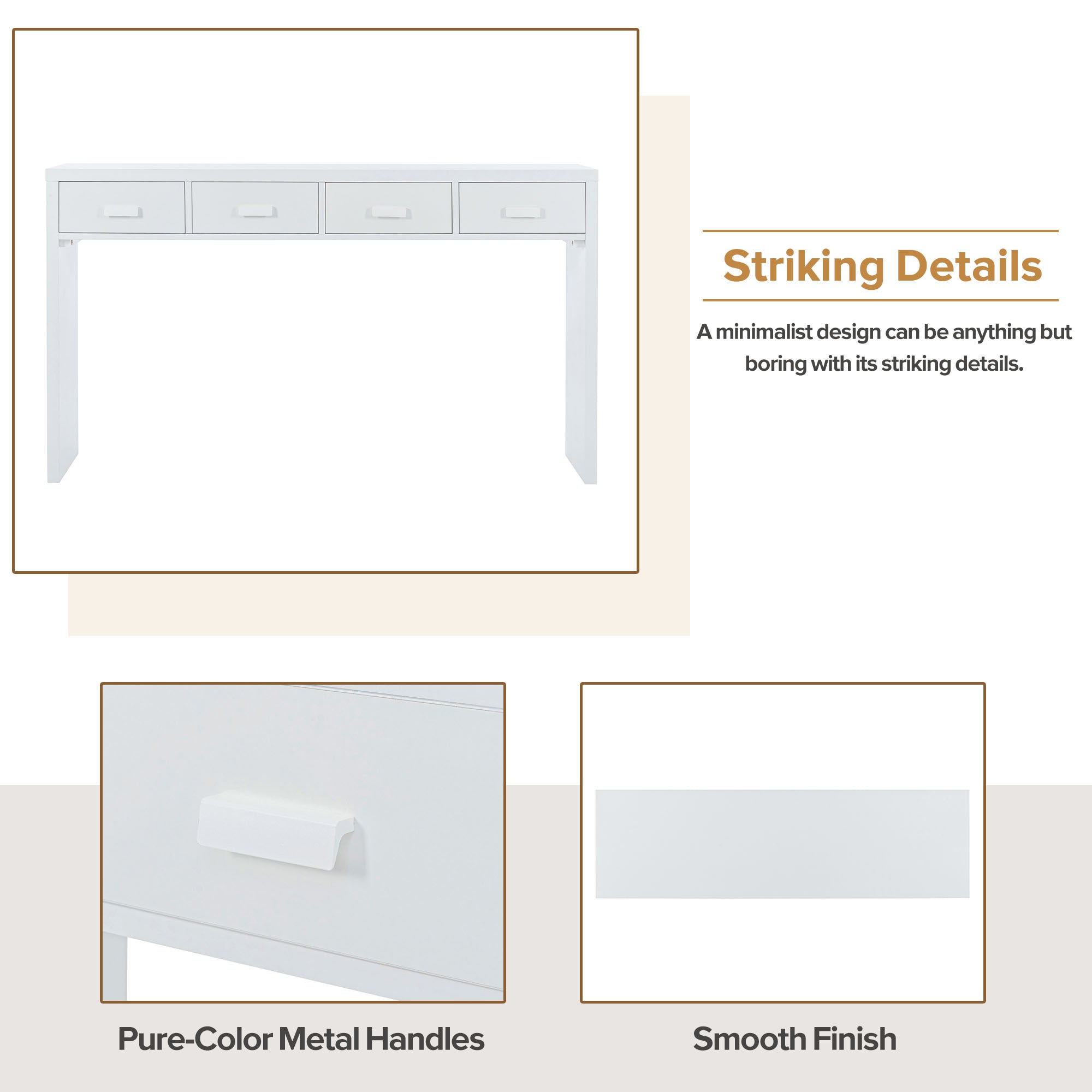 Modern Minimalist Console Table with Open Tabletop and Four Drawers with Metal Handles - White