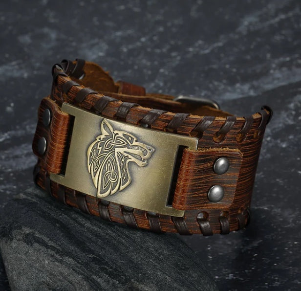 Viking Leather Bracelet Featuring With Fenrir Design Wolf Head