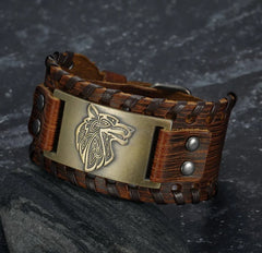 Viking Leather Bracelet Featuring With Fenrir Design Wolf Head