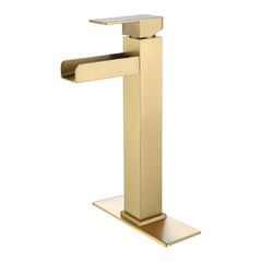 Square Raised Single Hole Single Handle Waterfall Bath Basin Faucet with Brushed Gold