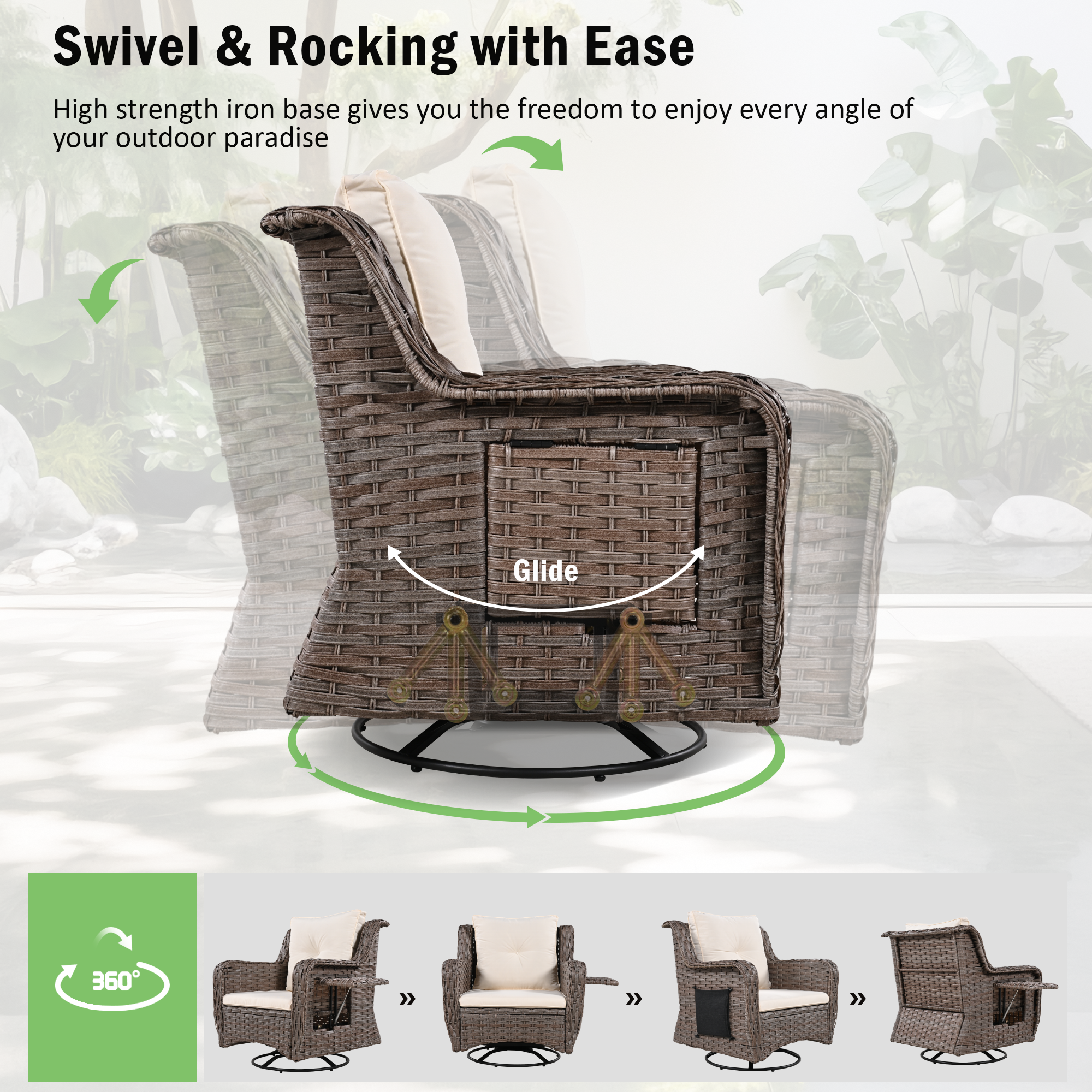 5 Pieces Outdoor Patio Furniture Set with Pet House Cool Bar and Retractable Side Tray, Rattan Wicker Patio Swivel Rocking Chairs Set of 2 with Ottomans - Beige