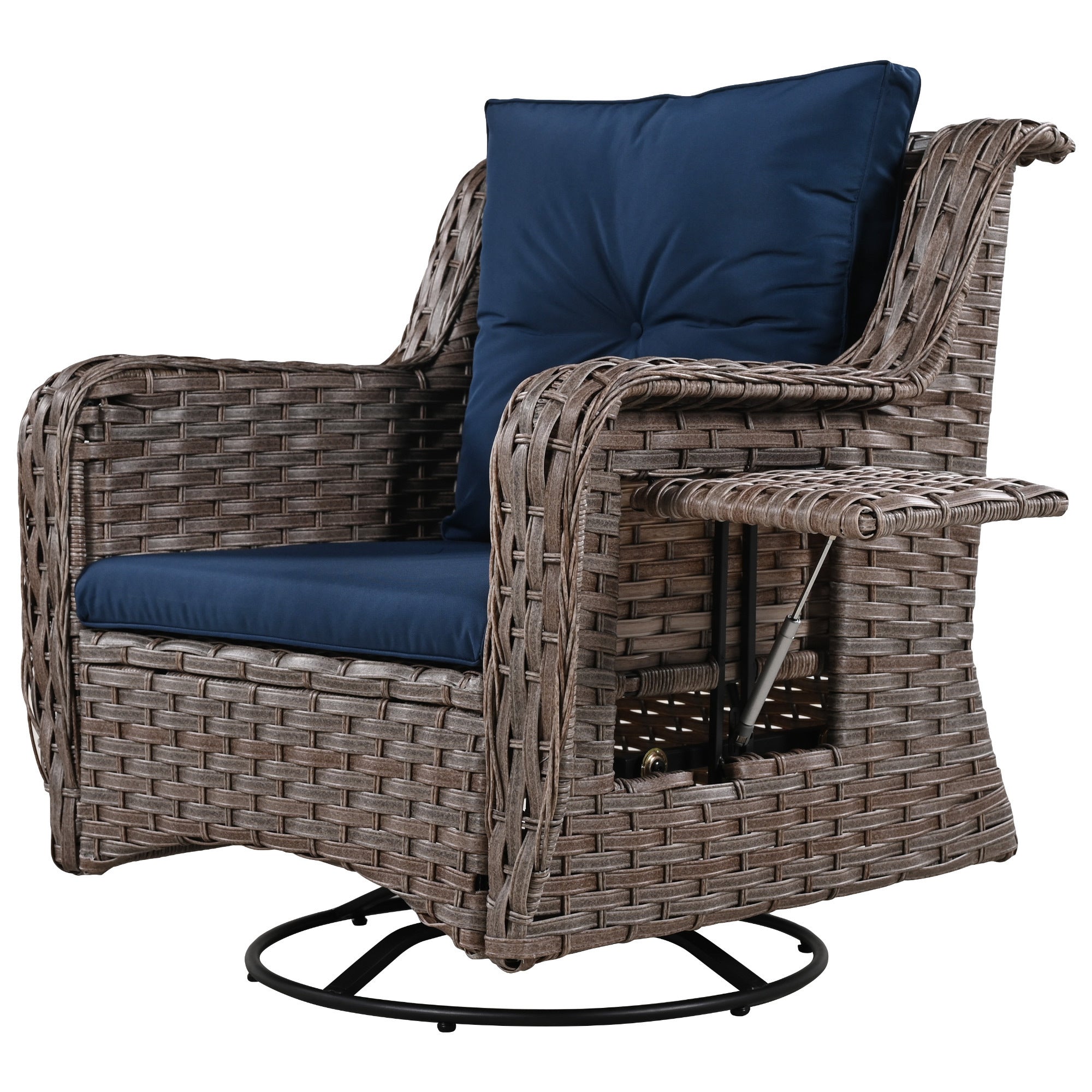 5 Pieces Outdoor Patio Furniture Set Retractable Side Tray, Rattan Wicker Patio Swivel Rocking Chairs Set of 2 with Ottomans - Navy Blue