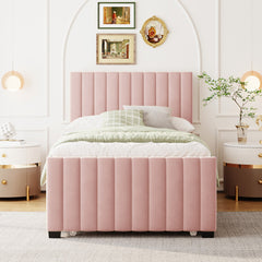 Twin Size Velvet Upholstered Platform Bed with Twin Size Trundle - Pink