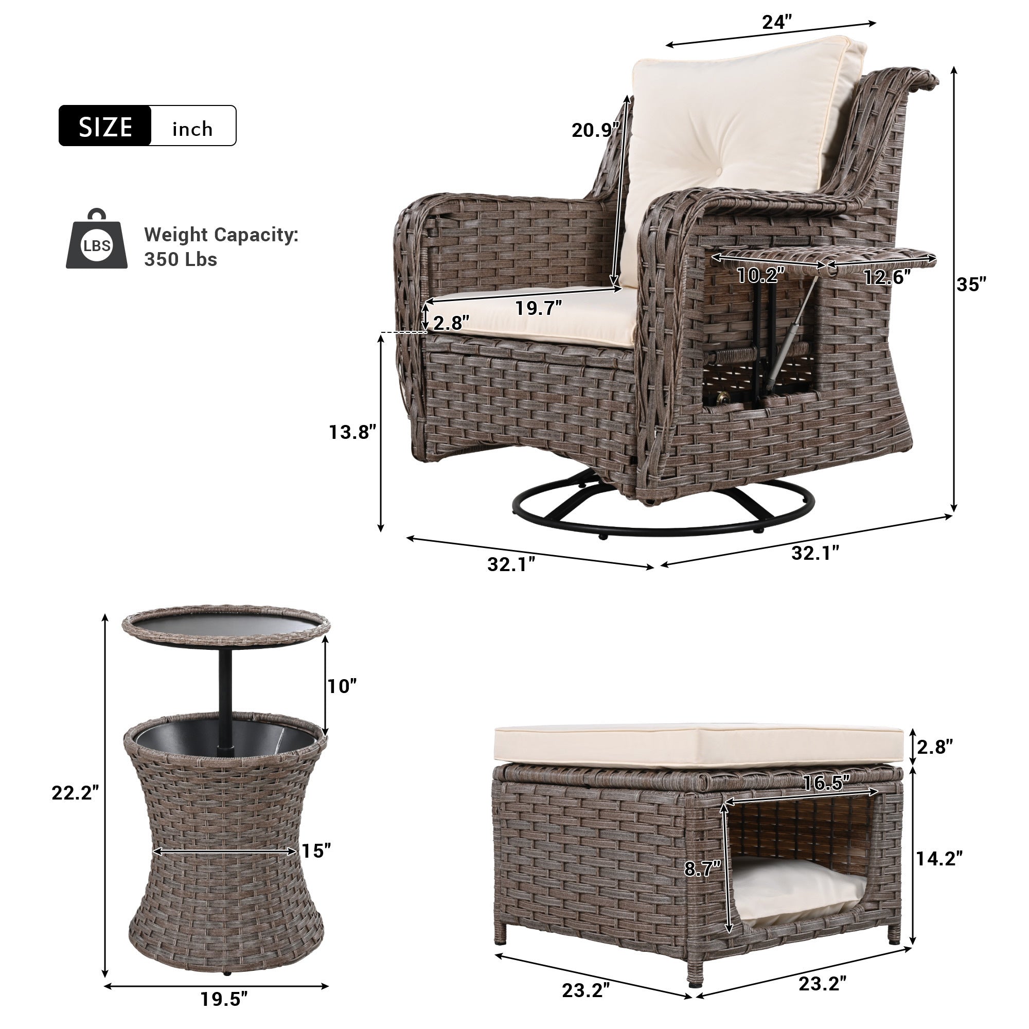 5 Pieces Outdoor Patio Furniture Set with Pet House Cool Bar and Retractable Side Tray, Rattan Wicker Patio Swivel Rocking Chairs Set of 2 with Ottomans - Beige