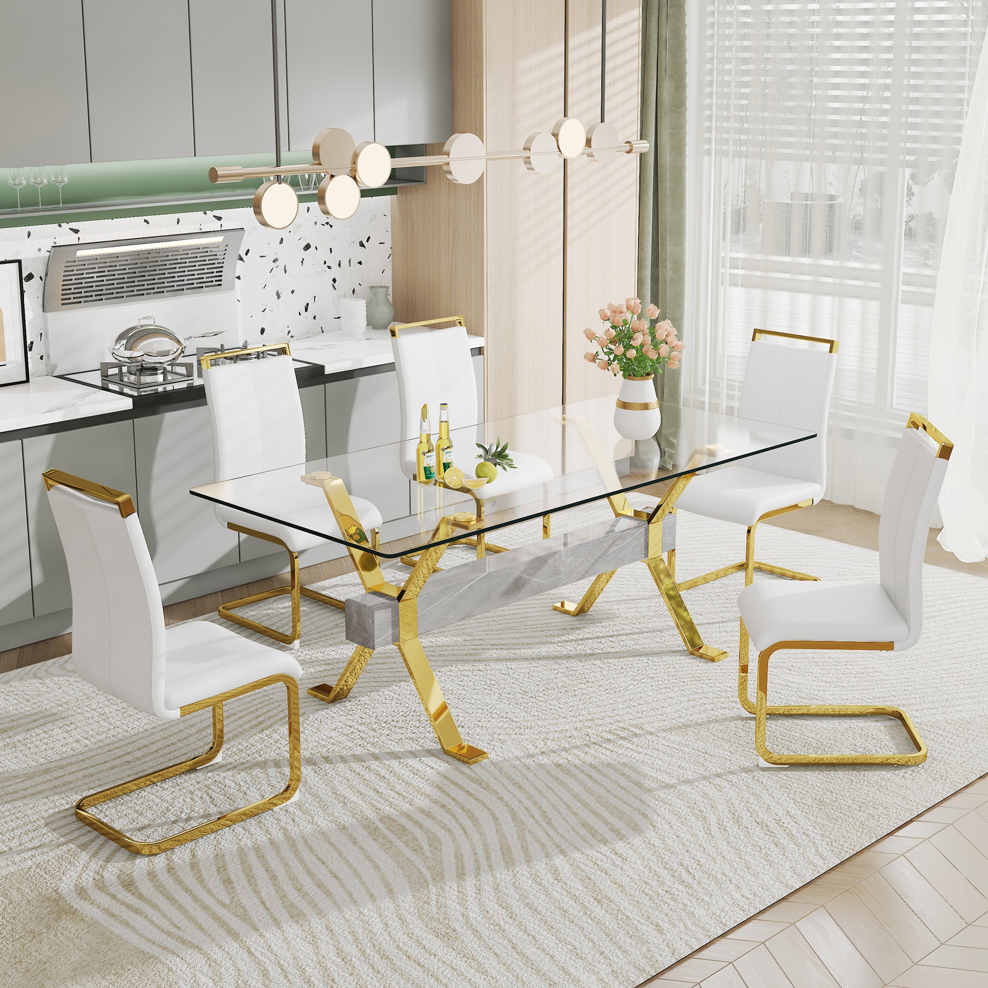 Modern Tempered Glass Dining Table - Transparent with Gold Plated Metal Legs (no chairs included))