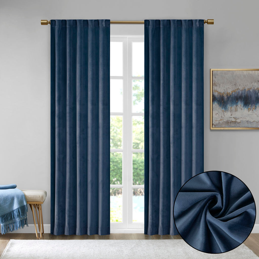 Room Darkening Poly Velvet Rod Pocket/Back Tab Curtain Panel Pair - Navy