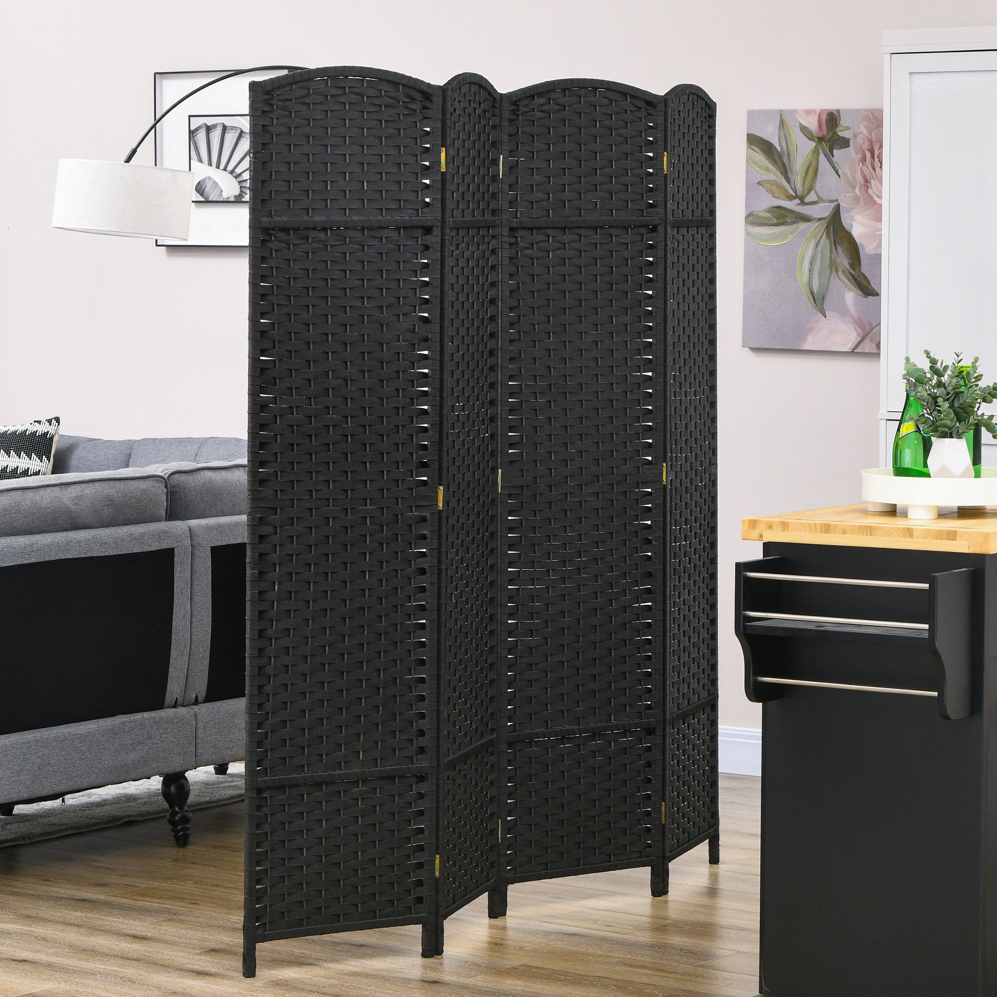 Room Divider, 4 Panel Folding Privacy Screen, 5.6' Tall Freestanding Partition - Black