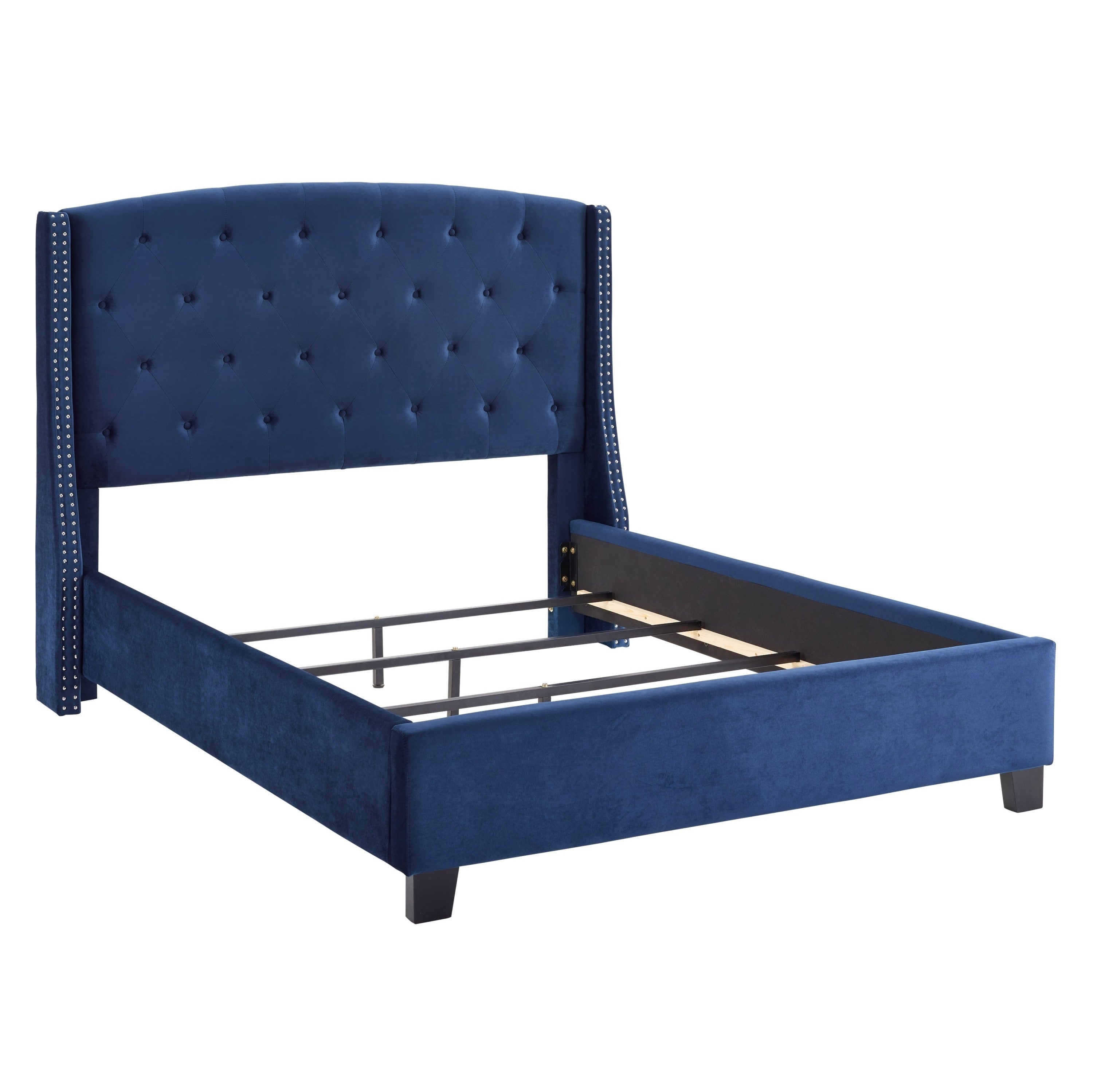 Queen Size Summit Fabric Button Tufted Wingback Upholstered Bed with Nail Head Trim, Blue