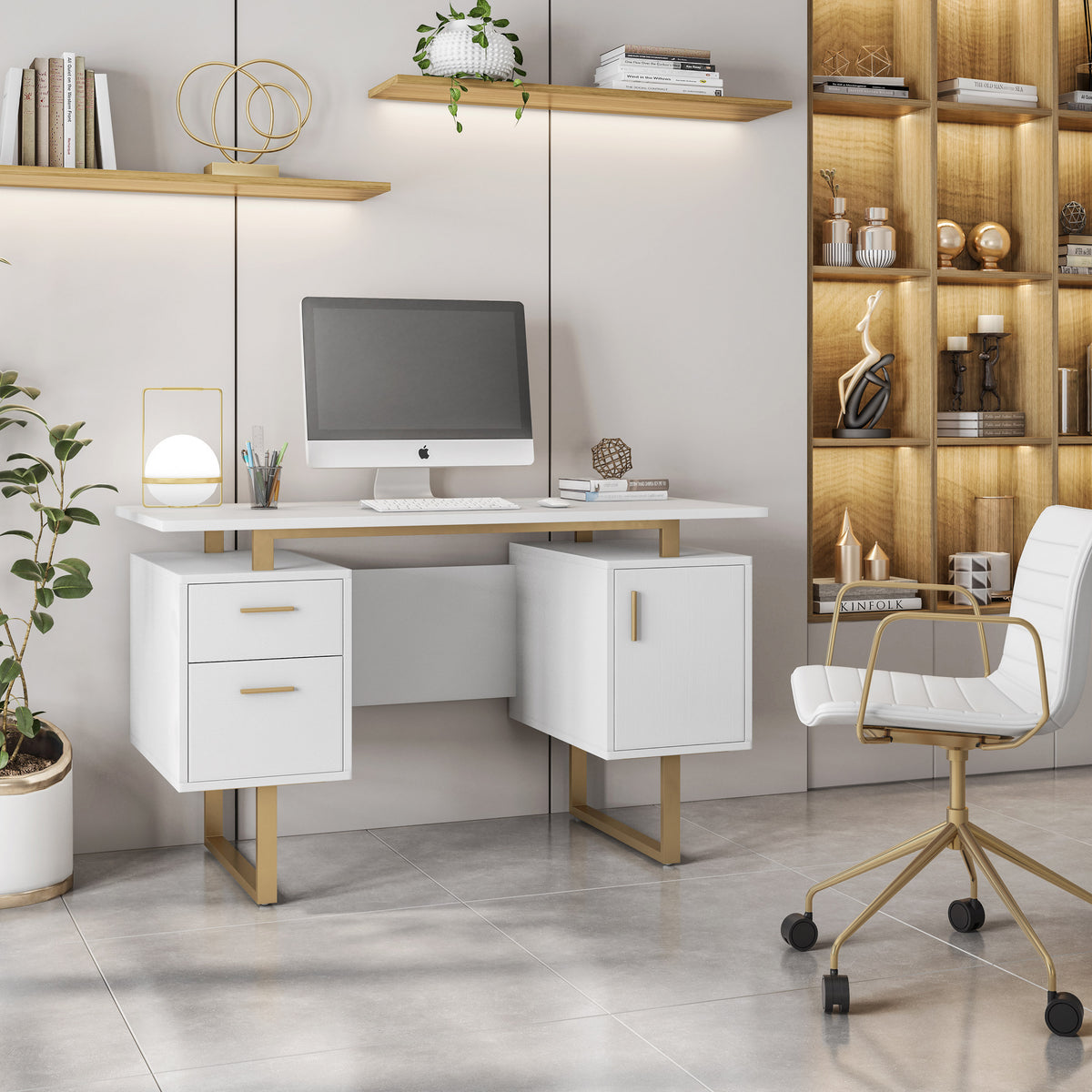 Techni White and Gold Desk for Office with Drawers & Storage, 51.25 in. W