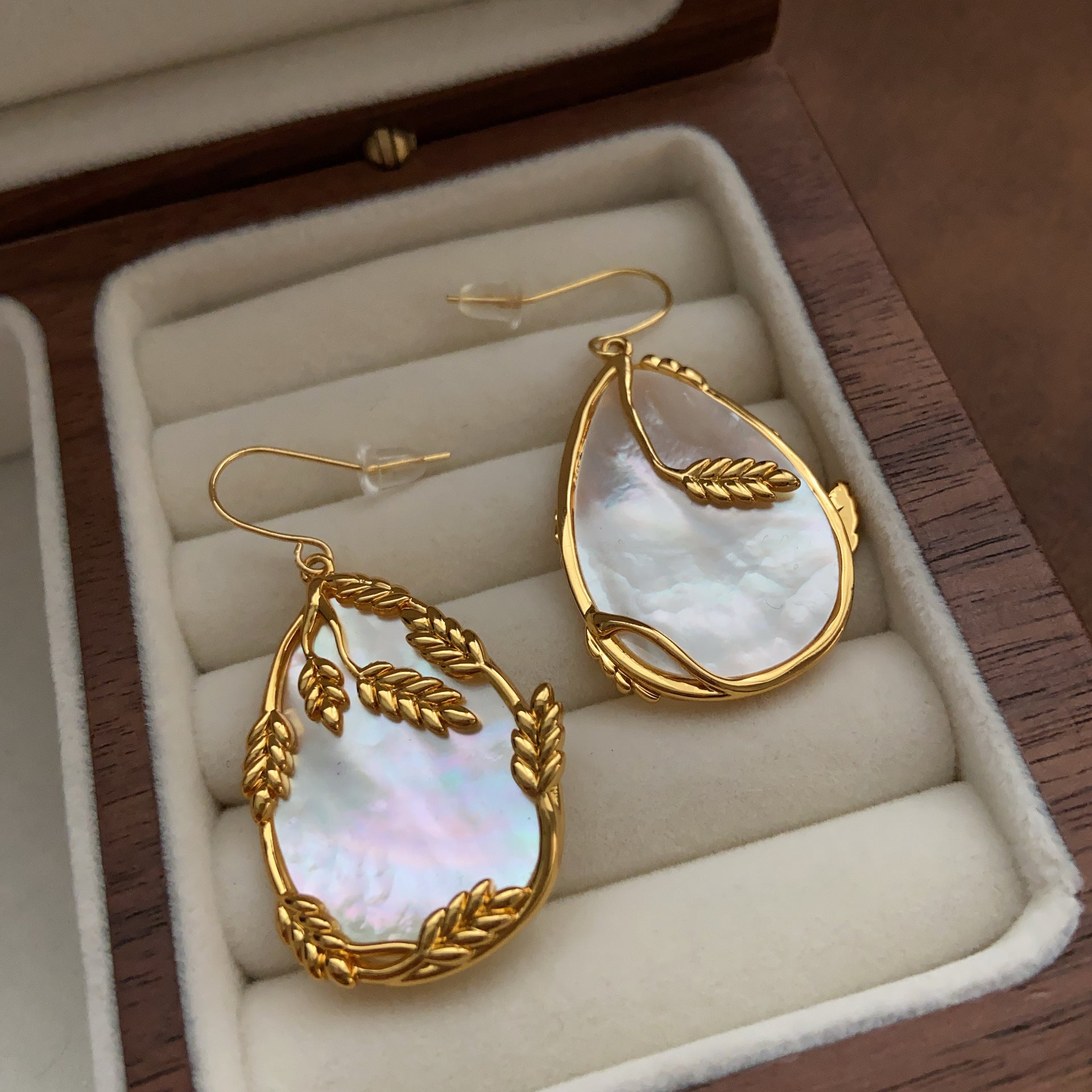 Mother of Pearl Teardrop Dangle Earrings, Gold Leaf Design, Shell