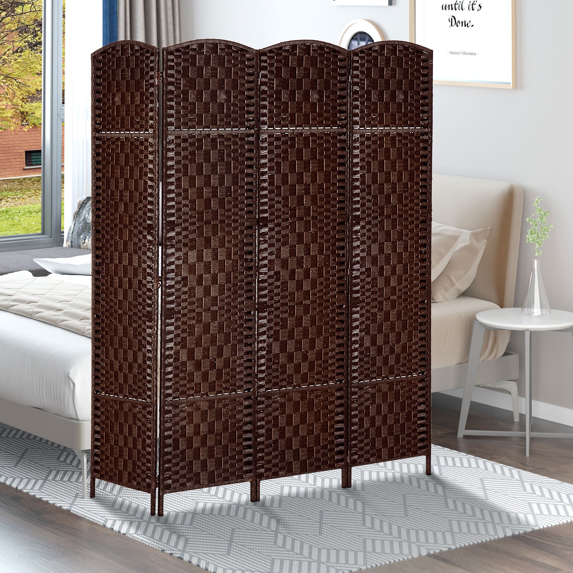 6' Tall Wicker Weave 4 Panel Room Divider Privacy Screen - Brown