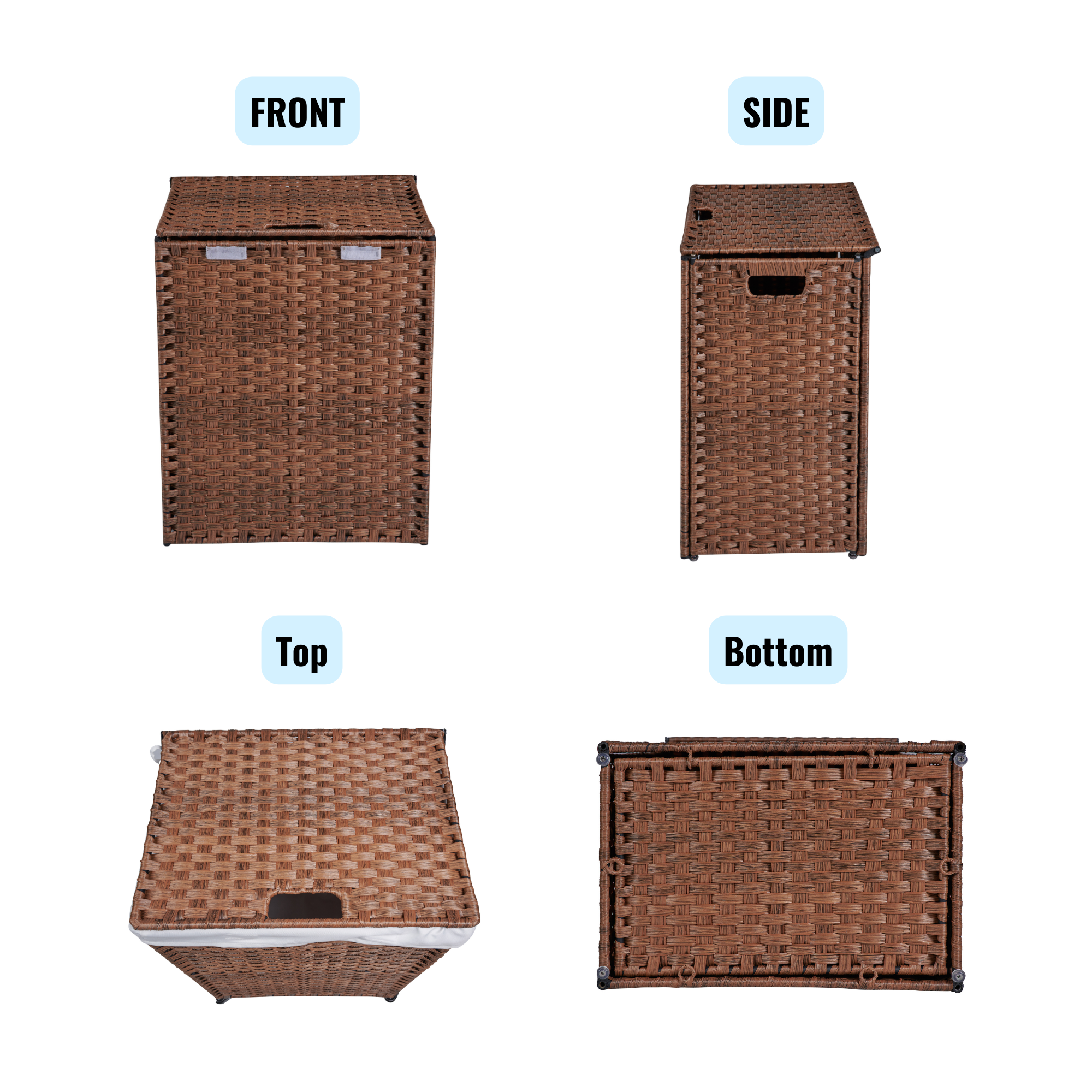 Laundry Hamper With Lid PE Rattan Powder Coating Frame Clothes Hampers with 2 Removable Bags, 100L, Brown Color