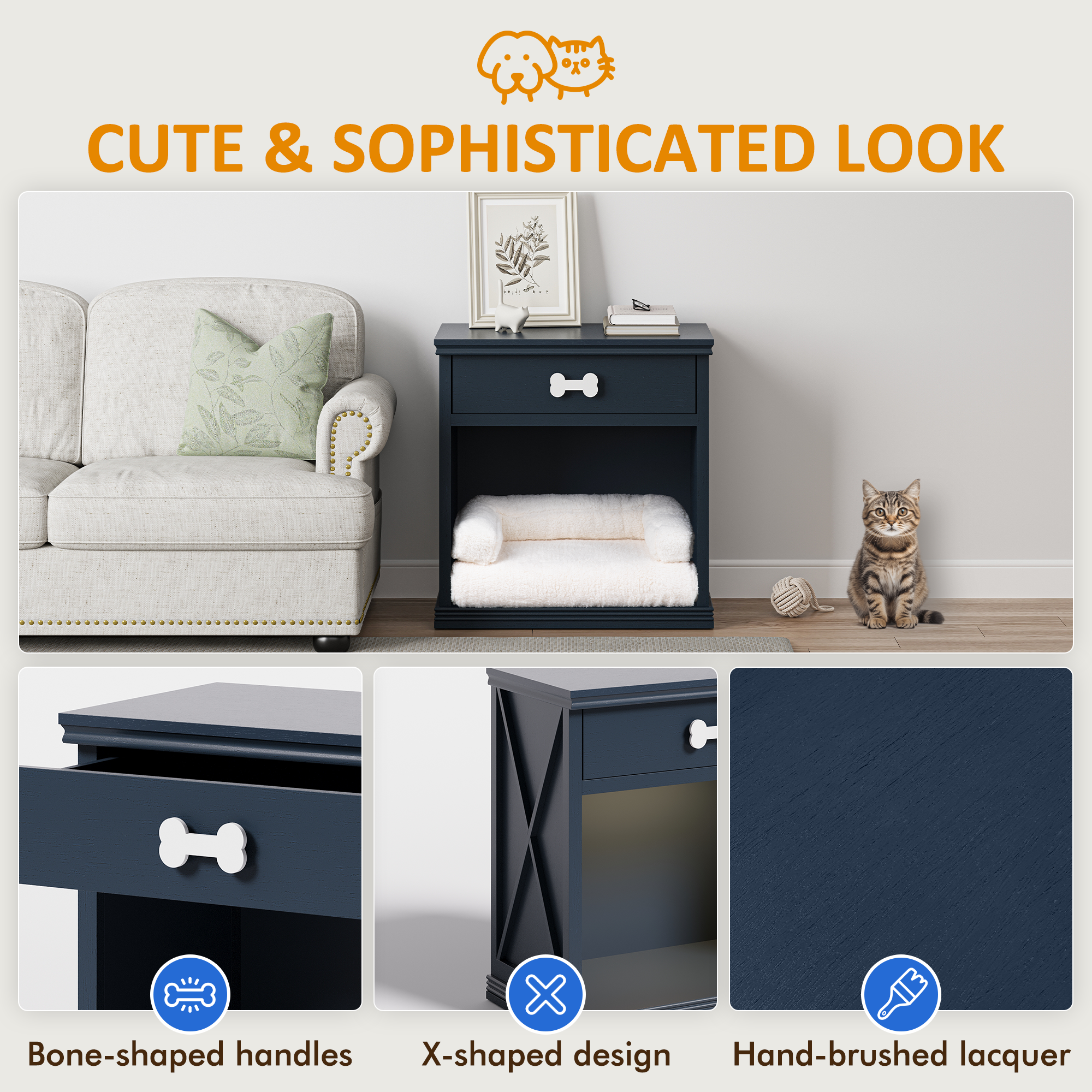 Vintage Small Storage Cabinet with Led Light and Pet Bed, Hidden Cat Litter Box with Drawer and Semi-Open Space - Blue