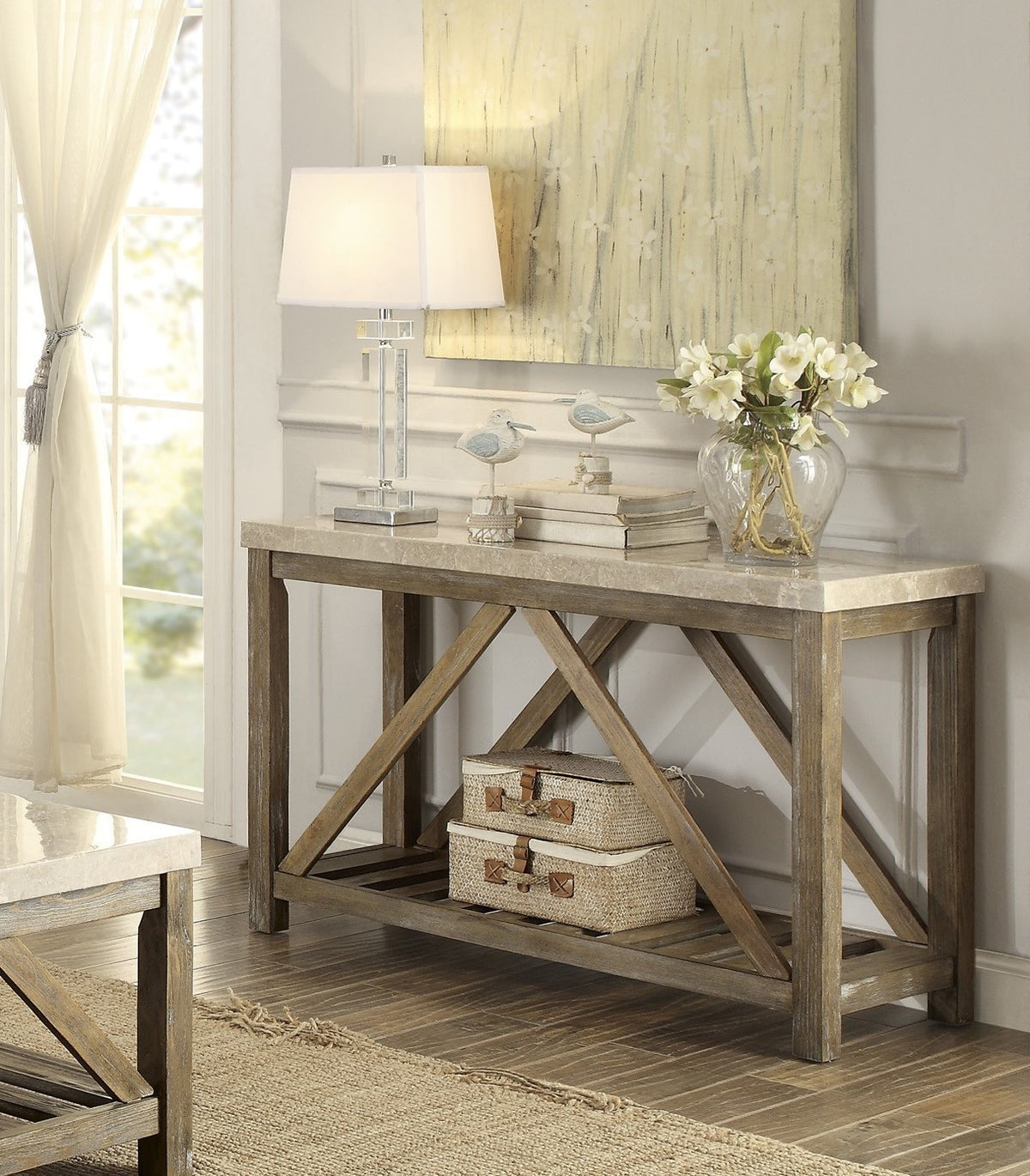 Industrial Style Angled Console Table with Bottom Shelf Marble Top Creamy White Wooden