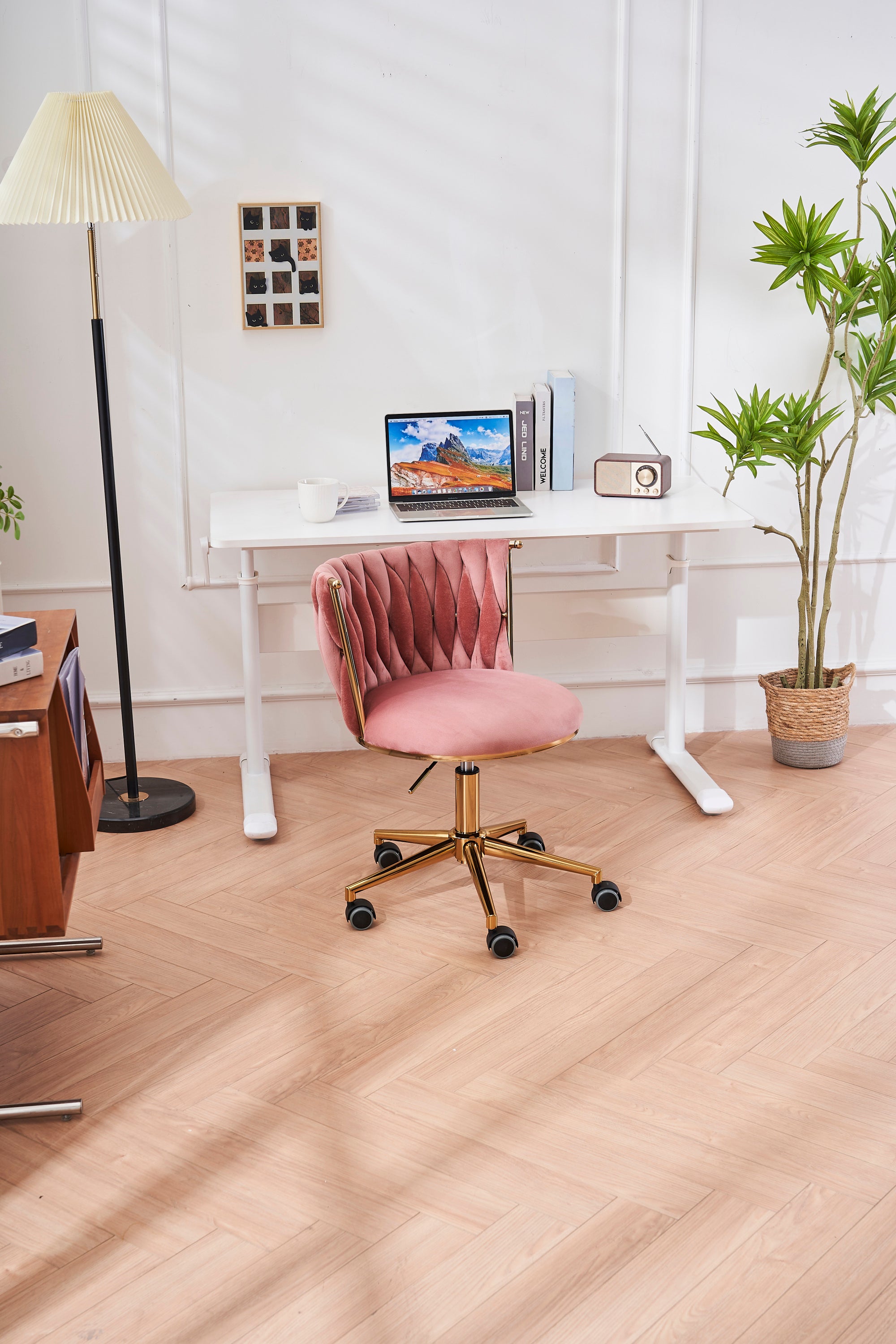 Upholstered Home Office Desk Chairs with Adjustable Swivel Wheels - Pink