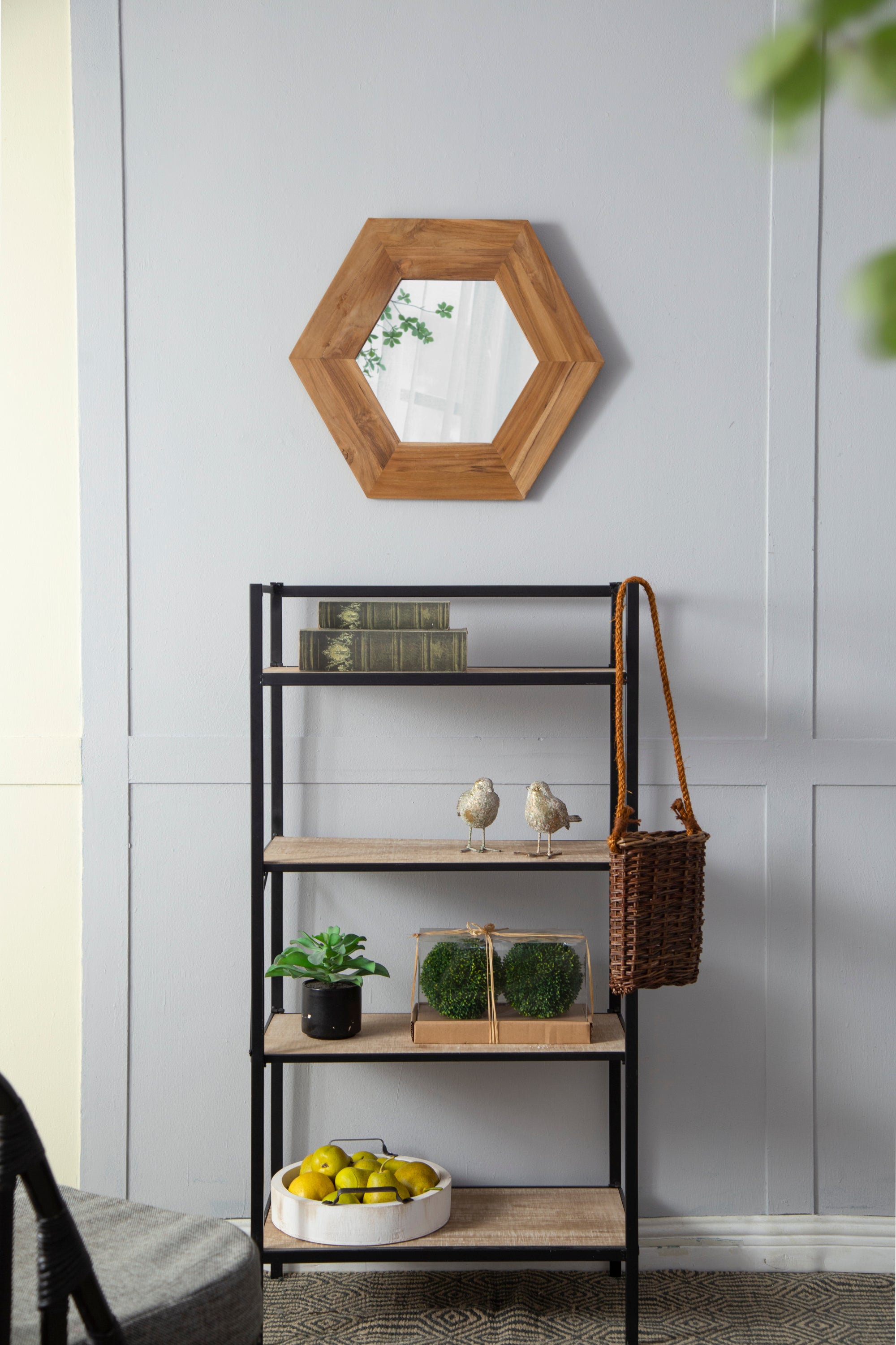 Hexagon Mirror with Natural Wood Frame 18.5"x18.5"