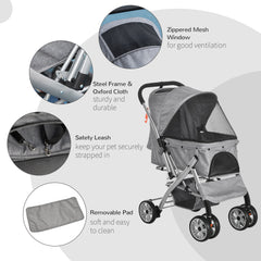 PawHut Travel Pet Stroller for Dogs, Cats, One-Click Fold Jogger Pushchair with Swivel Wheels, Braket, Basket Storage, Safety Belts, Adjustable Canopy, Zippered Mesh Window Door, Grey