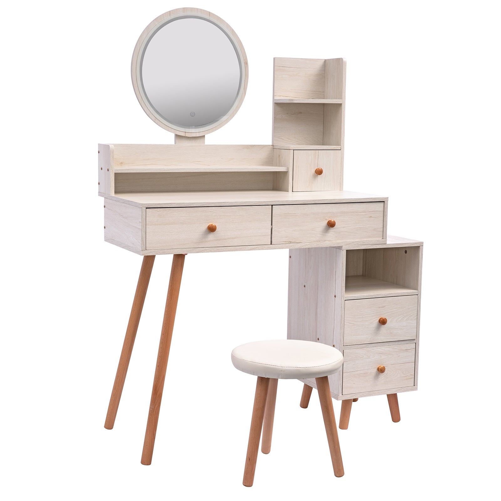 Stylish Vanity Table + Cushioned Stool, Touch Control LED Mirror, Large Capacity Storage Cabinet, 5 Drawers, Fashionable Makeup Furniture, Length Adjustable(L31.5"-43.2"x W15.8" x H48.1")