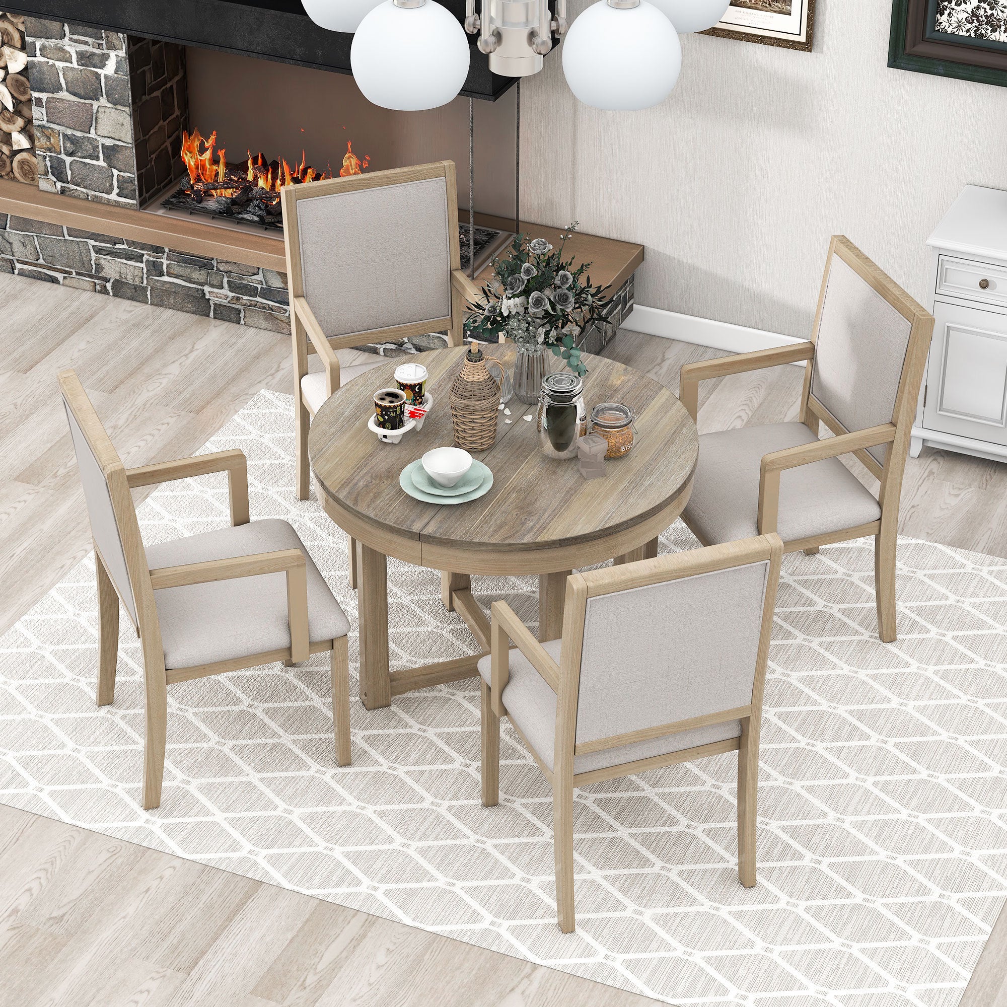 5-Piece Dining Table Set, Two-Size Round To Oval Extendable Butterfly Leaf Wood Dining Table and 4  Dining Chairs with Armrests - Natural Wood Wash