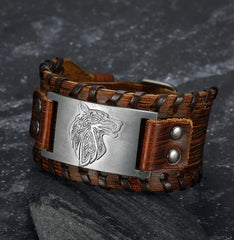 Viking Leather Bracelet Featuring With Fenrir Design Wolf Head