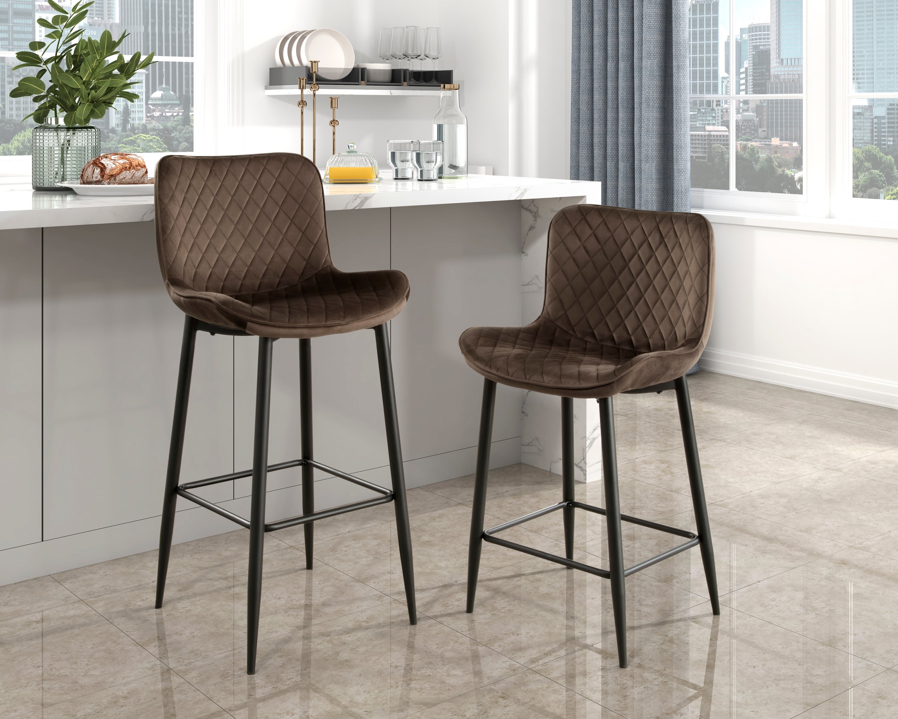 Set of 2 Pub Height Chairs Brown Velvet Upholstery Modern with Metal Legs, 29-inch Seat Height