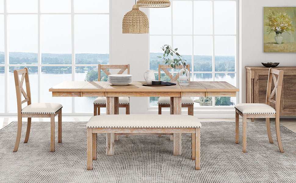 Farmhouse 6-Piece Extendable Dining Table with Footrest, 4 Upholstered Dining Chairs and Dining Bench - Natural+Beige Cushion