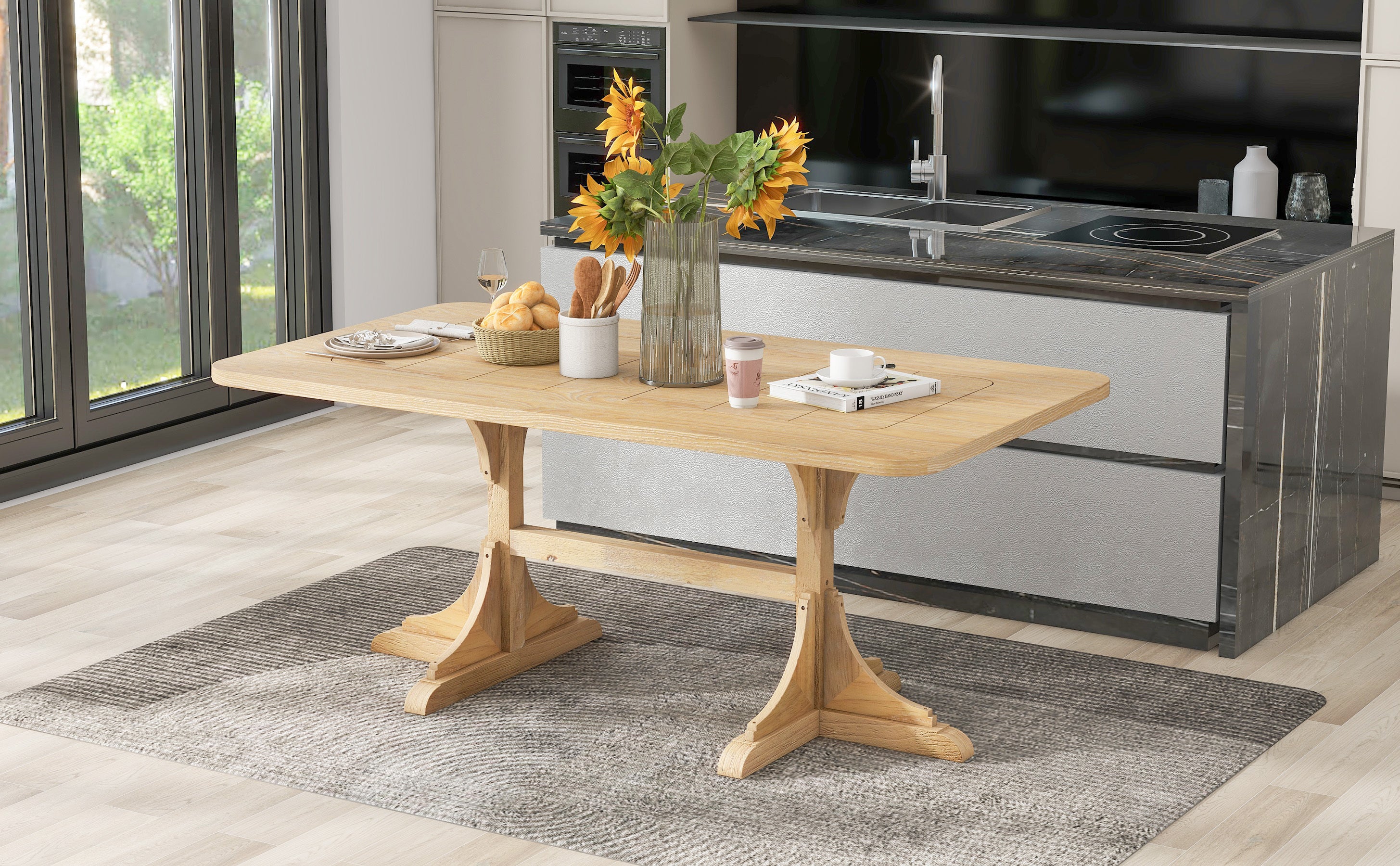 Retro Style Table 71'' Wooden Rectangular Table with Curved Design Legs - Natural Wood Wash