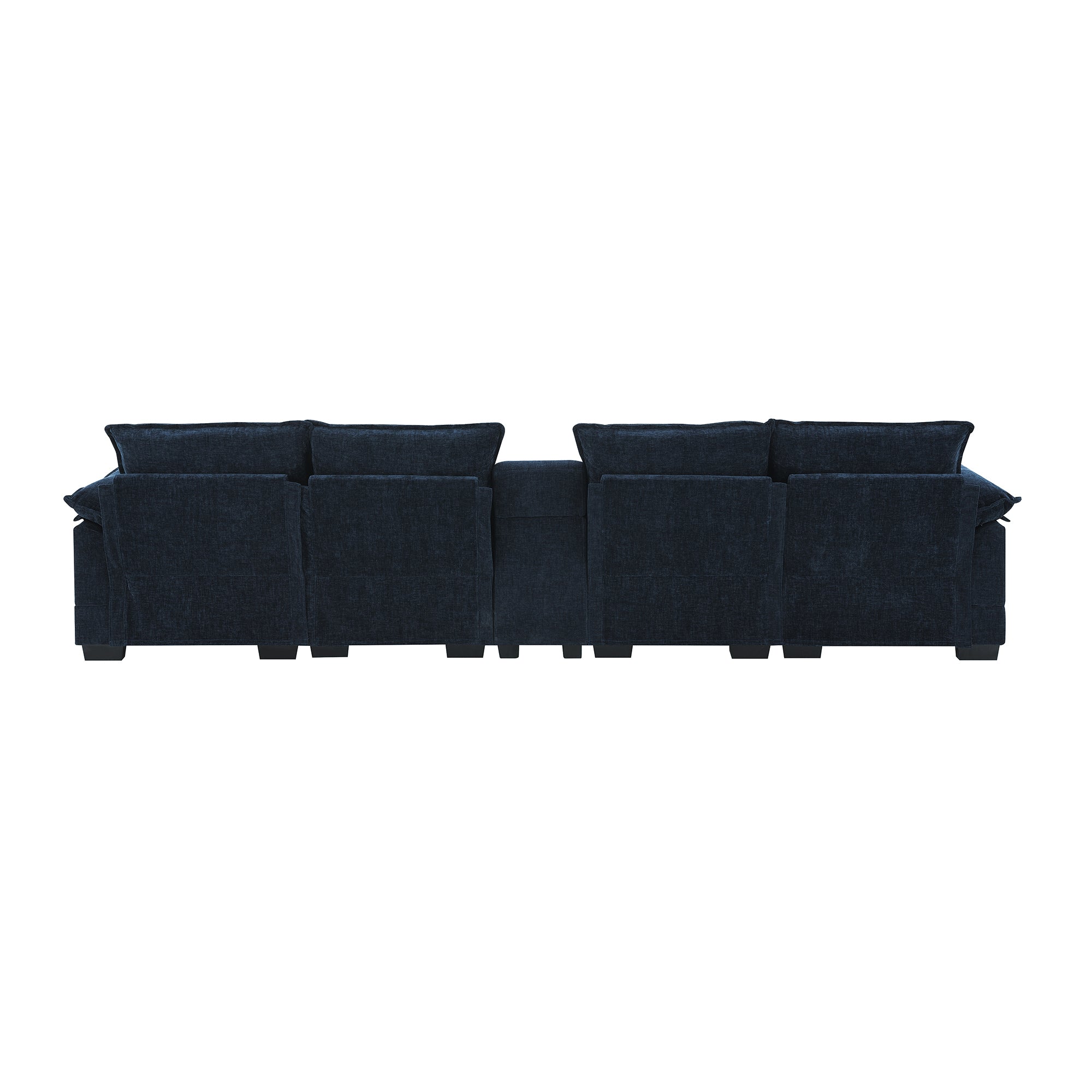 Modern Blue U-shaped Sofa with Cupholders and USB Ports, 6-seat Upholstered Symmetrical Indoor Furniture