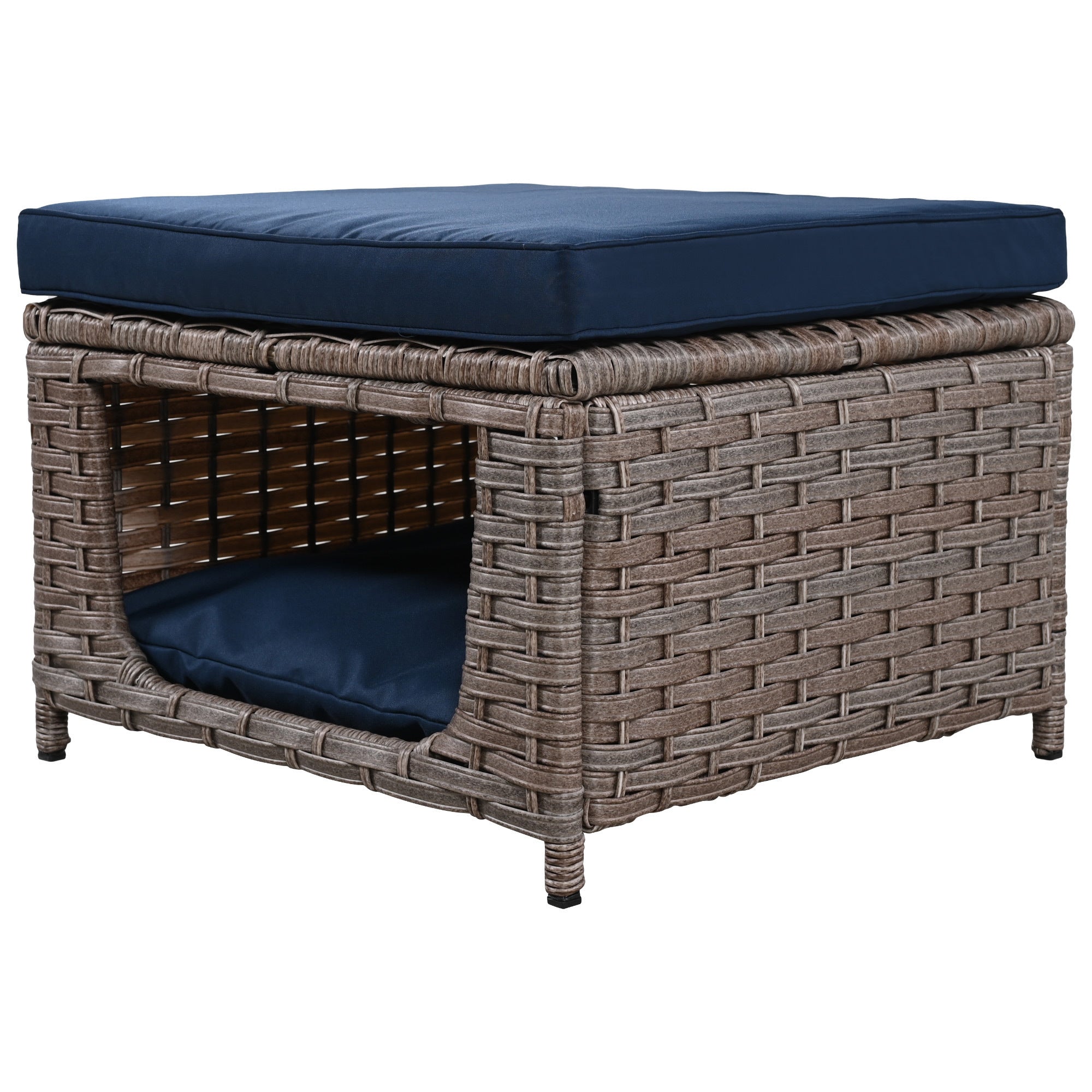 5 Pieces Outdoor Patio Furniture Set Retractable Side Tray, Rattan Wicker Patio Swivel Rocking Chairs Set of 2 with Ottomans - Navy Blue