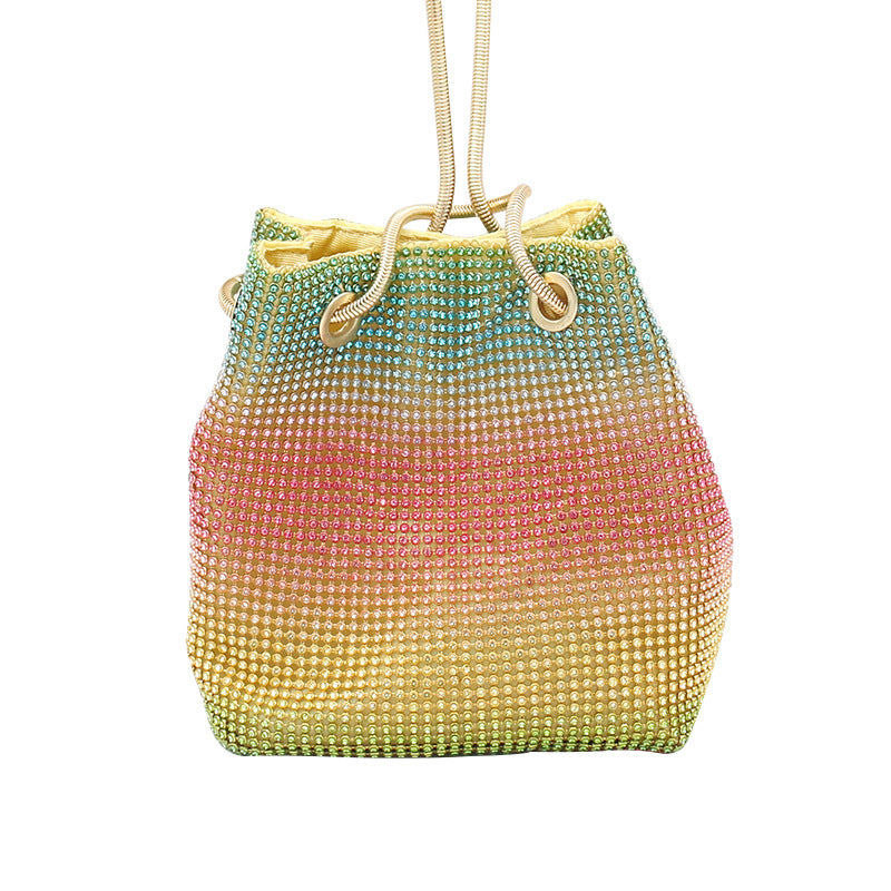 Crystal Rainbow Gradient Evening Bucket Bag, Rhinestone Crossbody Purse, Gold Chain Strap