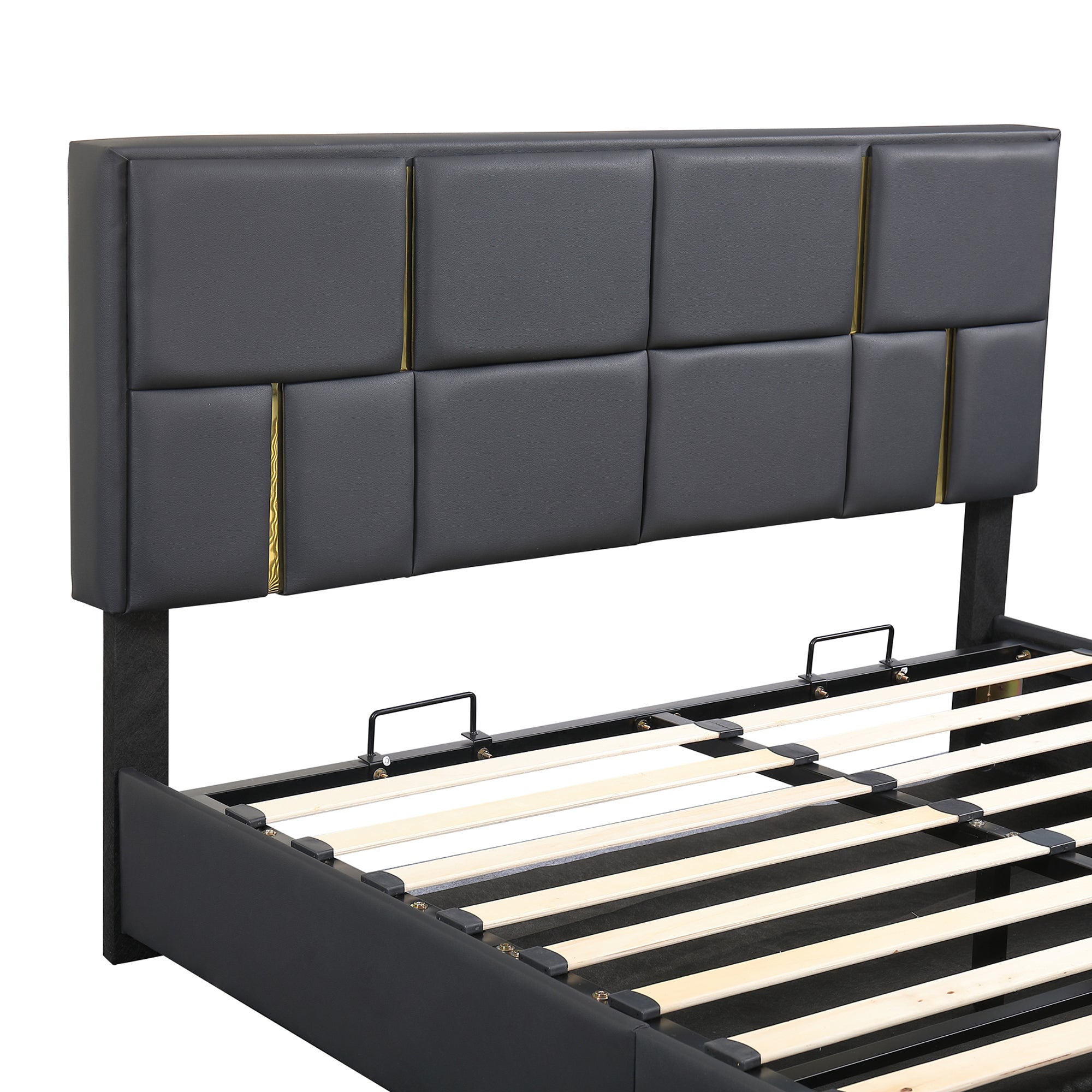 Queen Size Upholstered Platform Bed with Hydraulic Storage System, No Box Spring Needed - Black