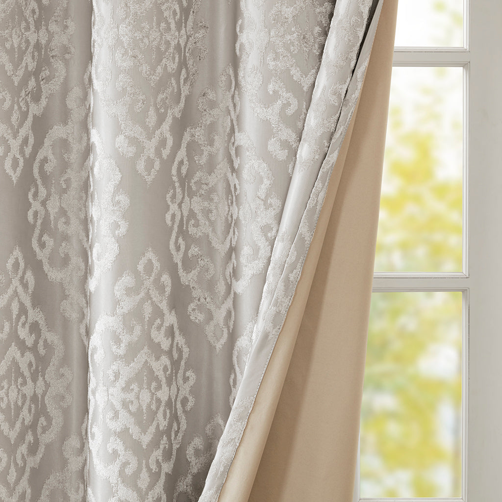 Knitted Jacquard Damask Total Blackout Grommet Top Curtain Panel - Silver