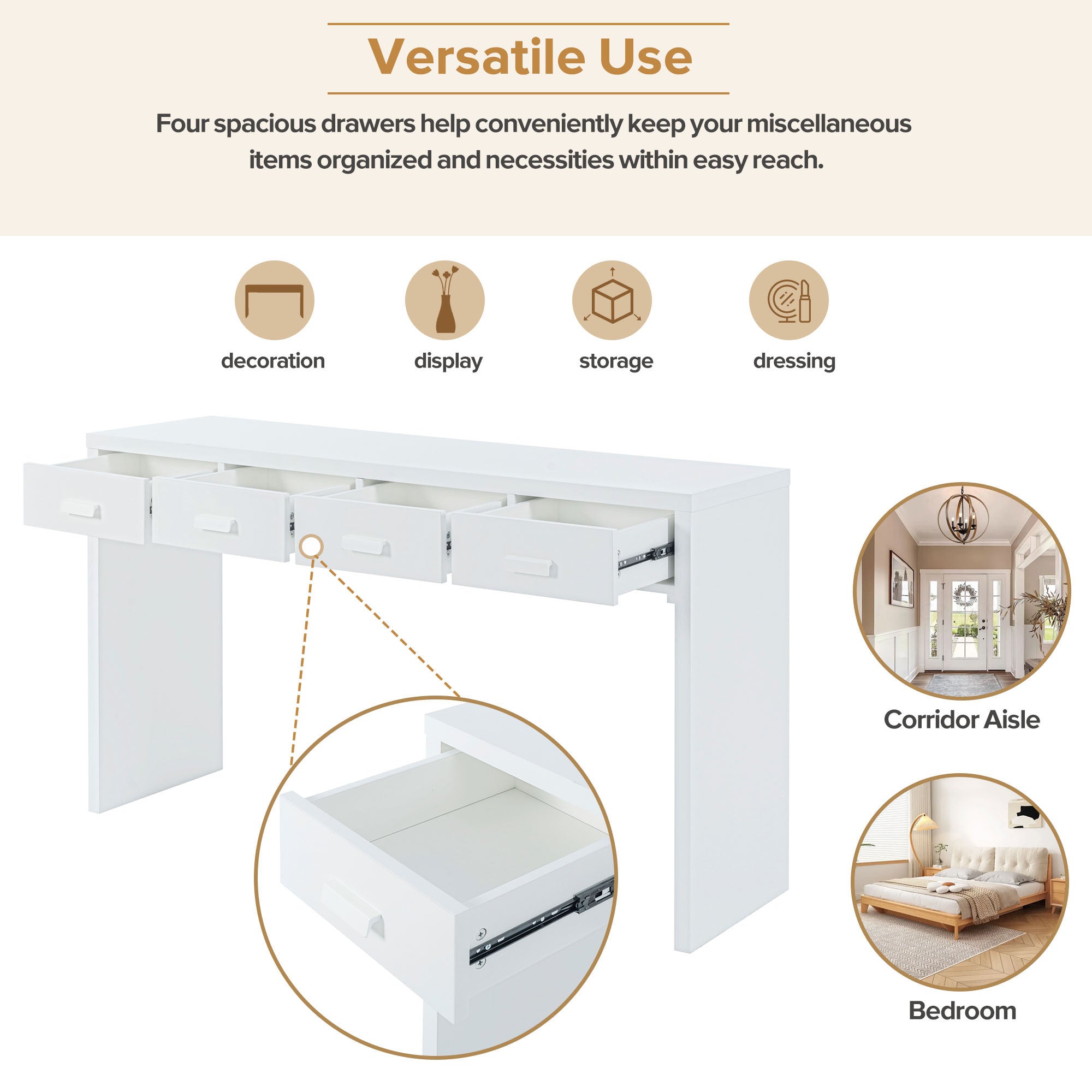 Modern Minimalist Console Table with Open Tabletop and Four Drawers with Metal Handles - White