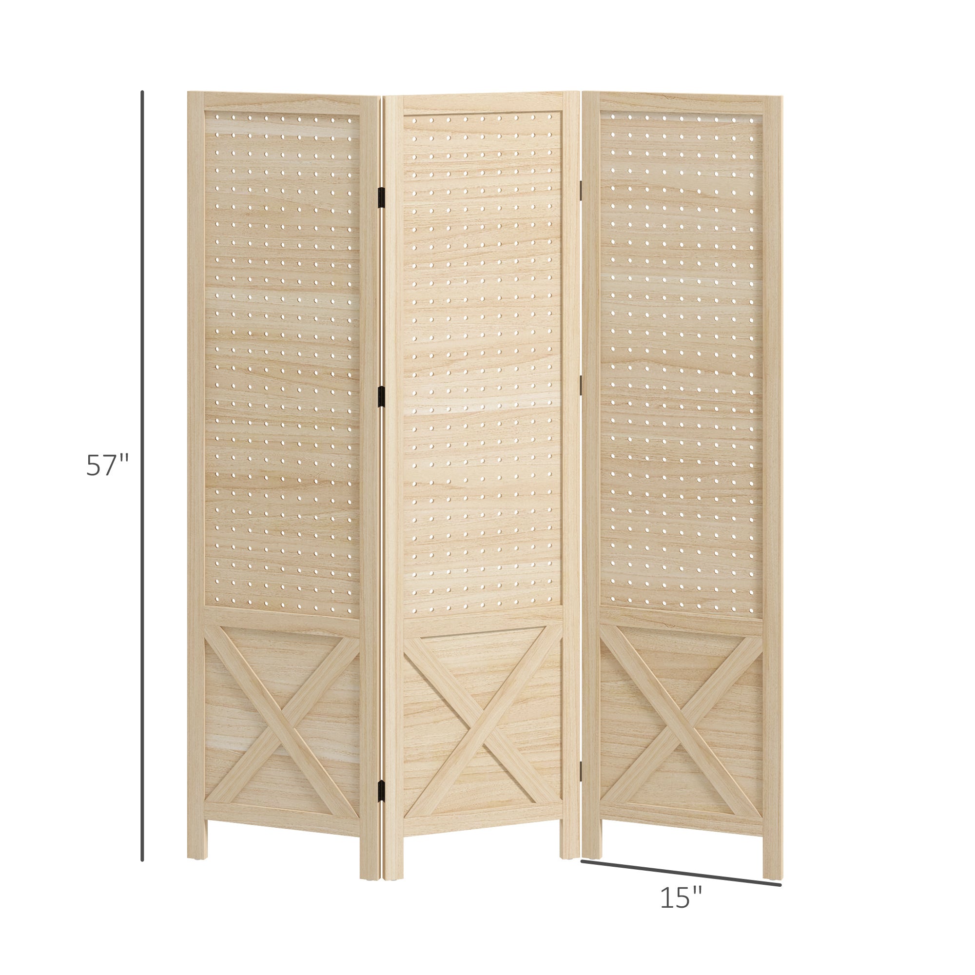 3 Panel Pegboard Display Room Divider, 4.7' Tall Wood Indoor Portable Folding Privacy Screen, Partition Wall Divider for Home Office, Natural