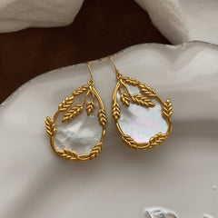 Mother of Pearl Teardrop Dangle Earrings, Gold Leaf Design, Shell