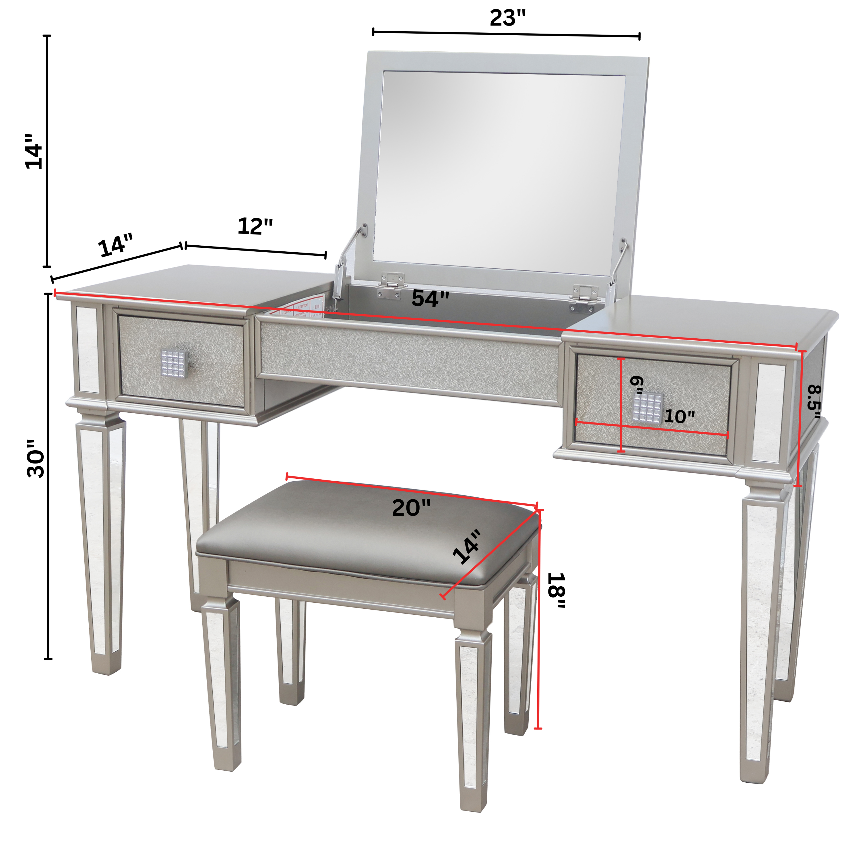 Mirrored Vanities Desk with Drawers, Bedroom Makeup Vanity Table Set with Mirror and Stool - Silver