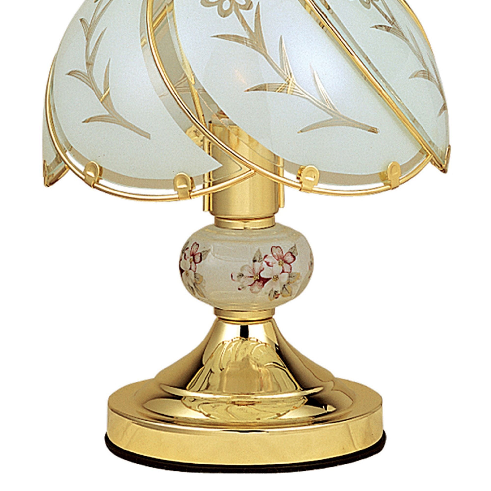 14.25" Tall Touch Table Lamp, Brushed Gold finish, Floral-Patterned Glass Shade