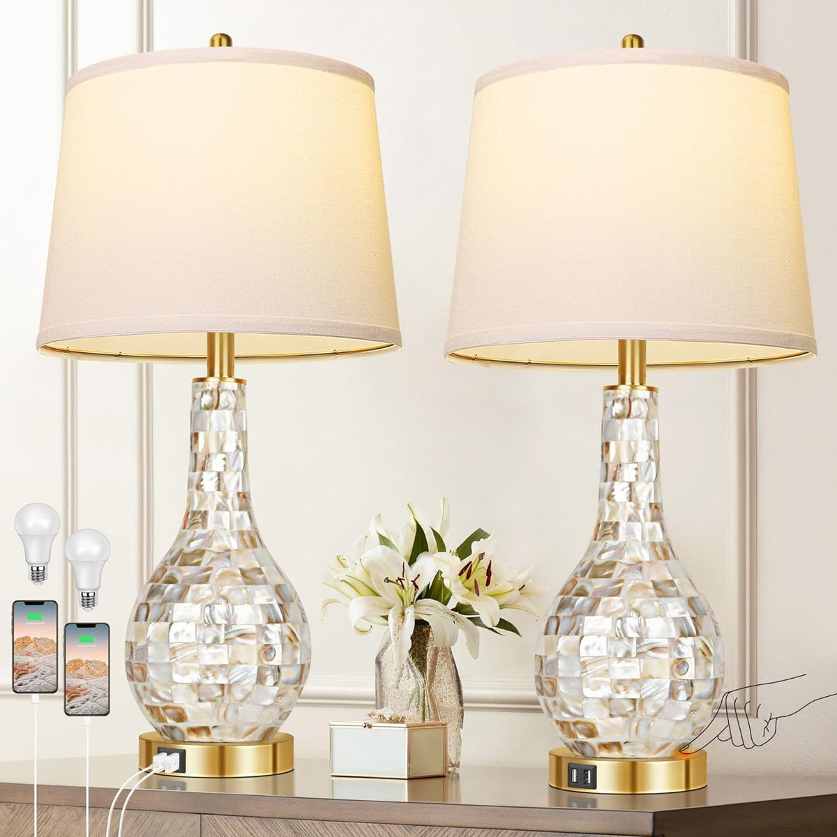 Set of 2 Gold Shell Pearl Tile Table Lamp, Modern Coastal Style Bedside Table Lamp With USB Port, 3-Way Touch Control Included (2700K LED Bulb)