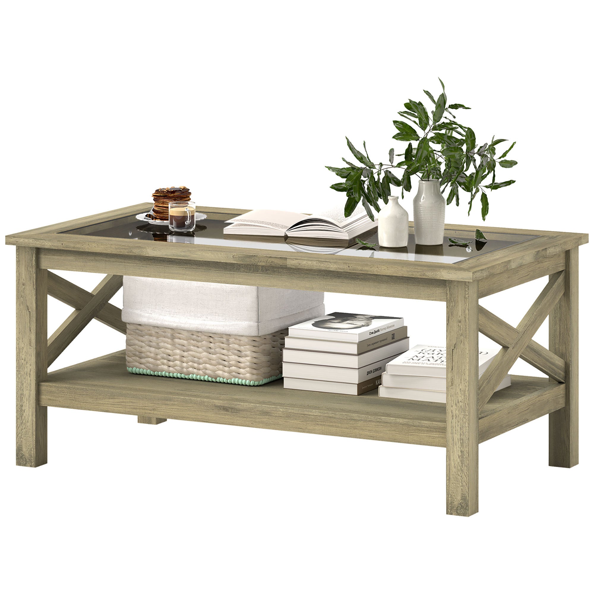 Glass Coffee Table, Modern Farmhouse Center Table with Storage with Classic X-Bar Style Sides, Gray