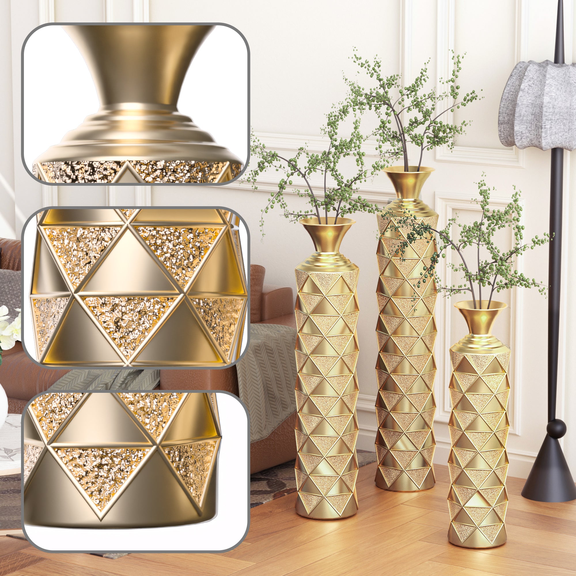 Set of 3 vases 33.5"H, 29.5"H, 25.2"H, High Distress Metal Vase with 3D Triangle Pattern - Gold