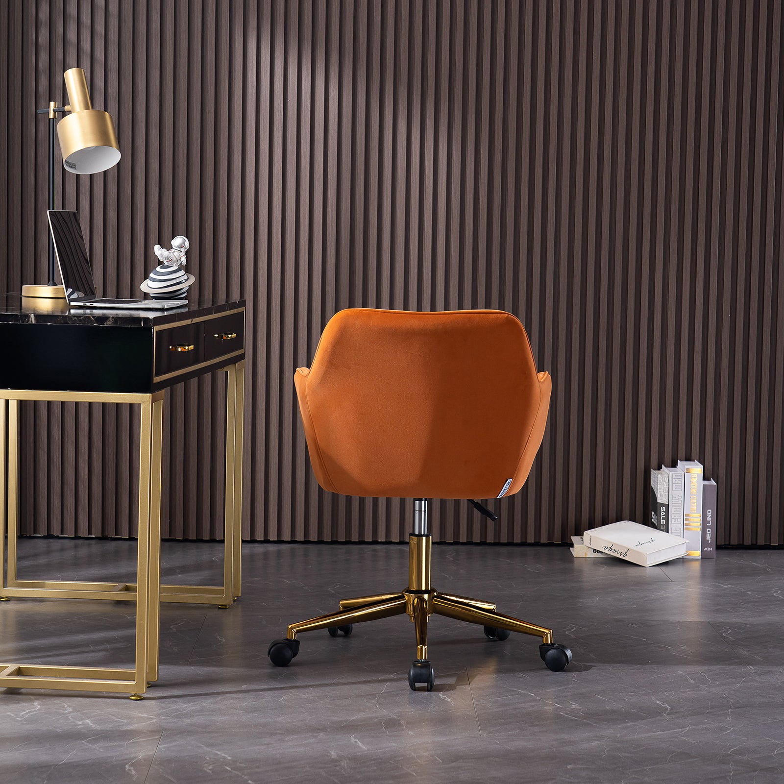 Home Office Chair with Gold Metal Legs and Universal Wheels - Orange