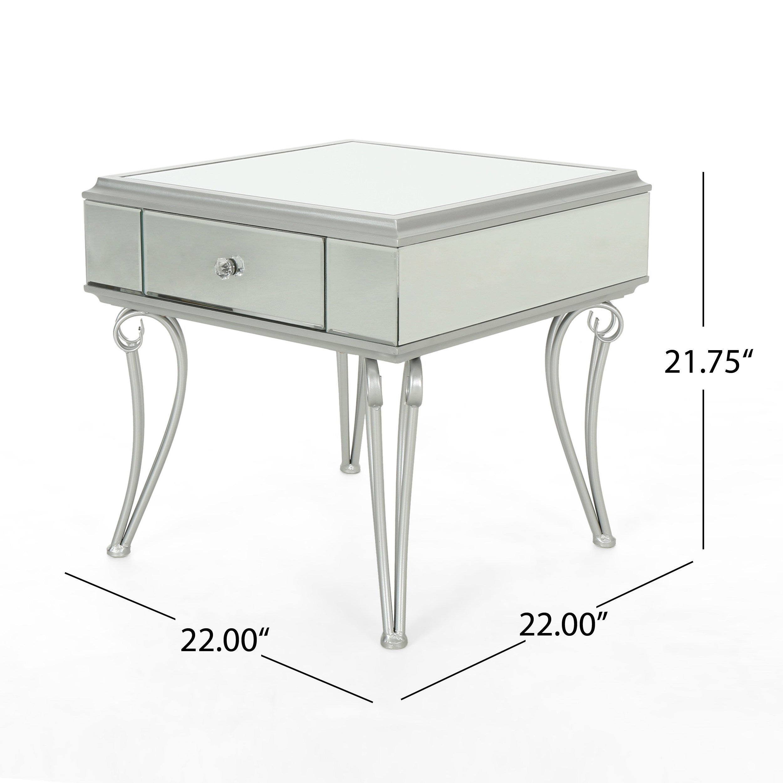 Mirrored Silver End Table Nightstand with 1 drawer for Bedroom or Living Room