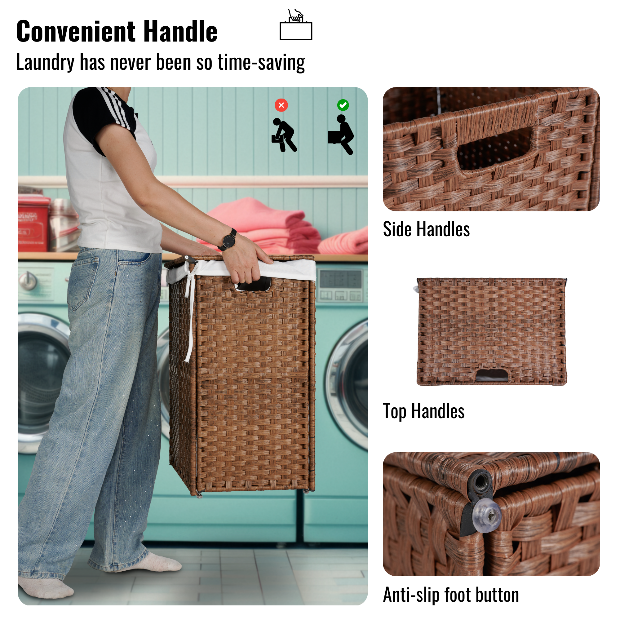 Laundry Hamper With Lid PE Rattan Powder Coating Frame Clothes Hampers with 2 Removable Bags, 100L, Brown Color