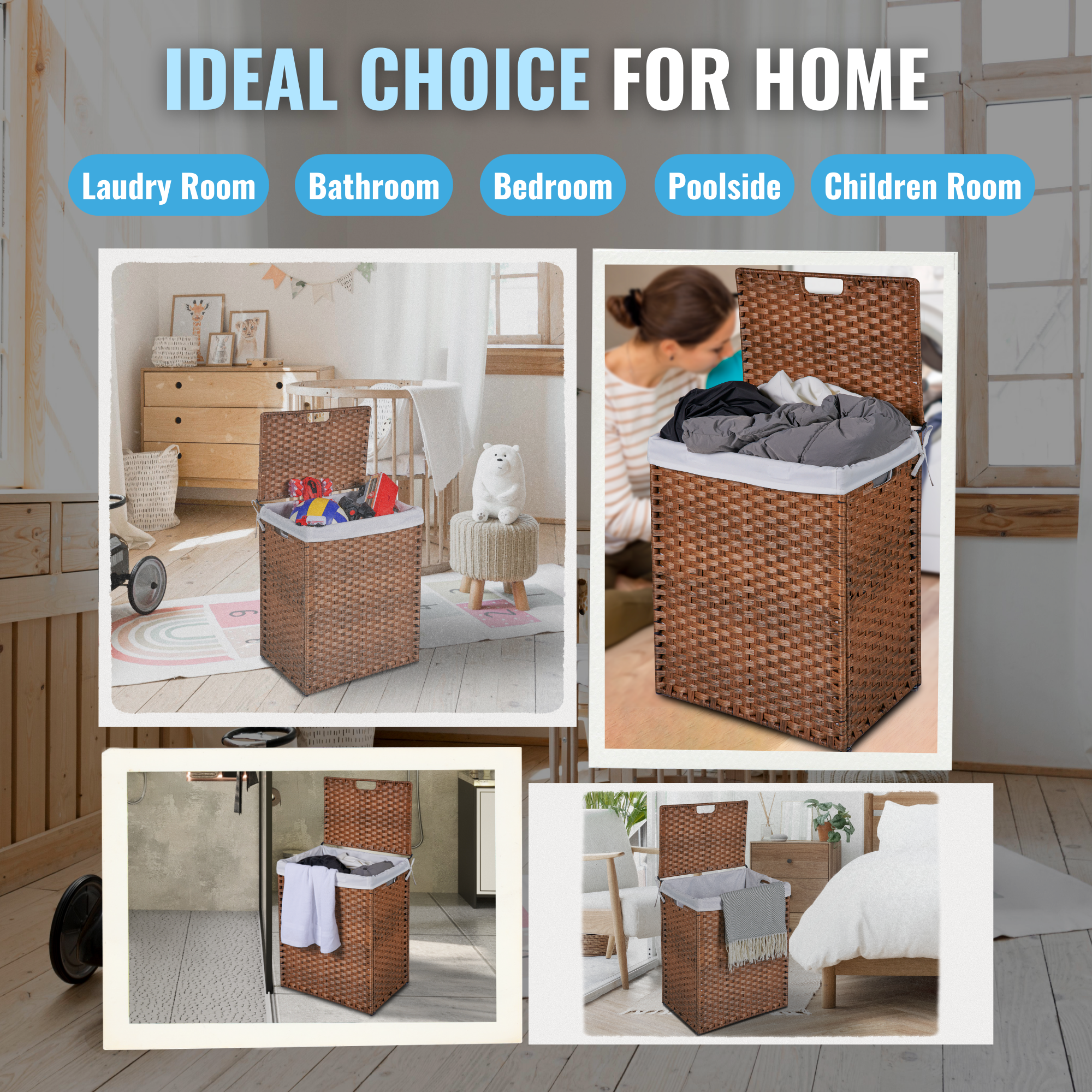 Laundry Hamper With Lid PE Rattan Powder Coating Frame Clothes Hampers with 2 Removable Bags, 100L, Brown Color