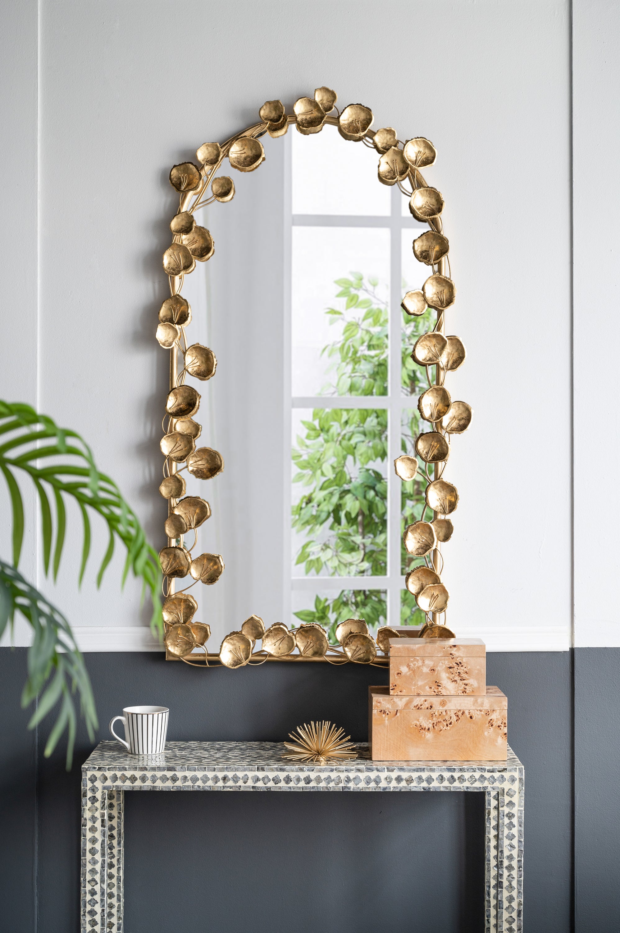 Full Length Arched Wall Mirror with Golden Leaf Accents 51x29"