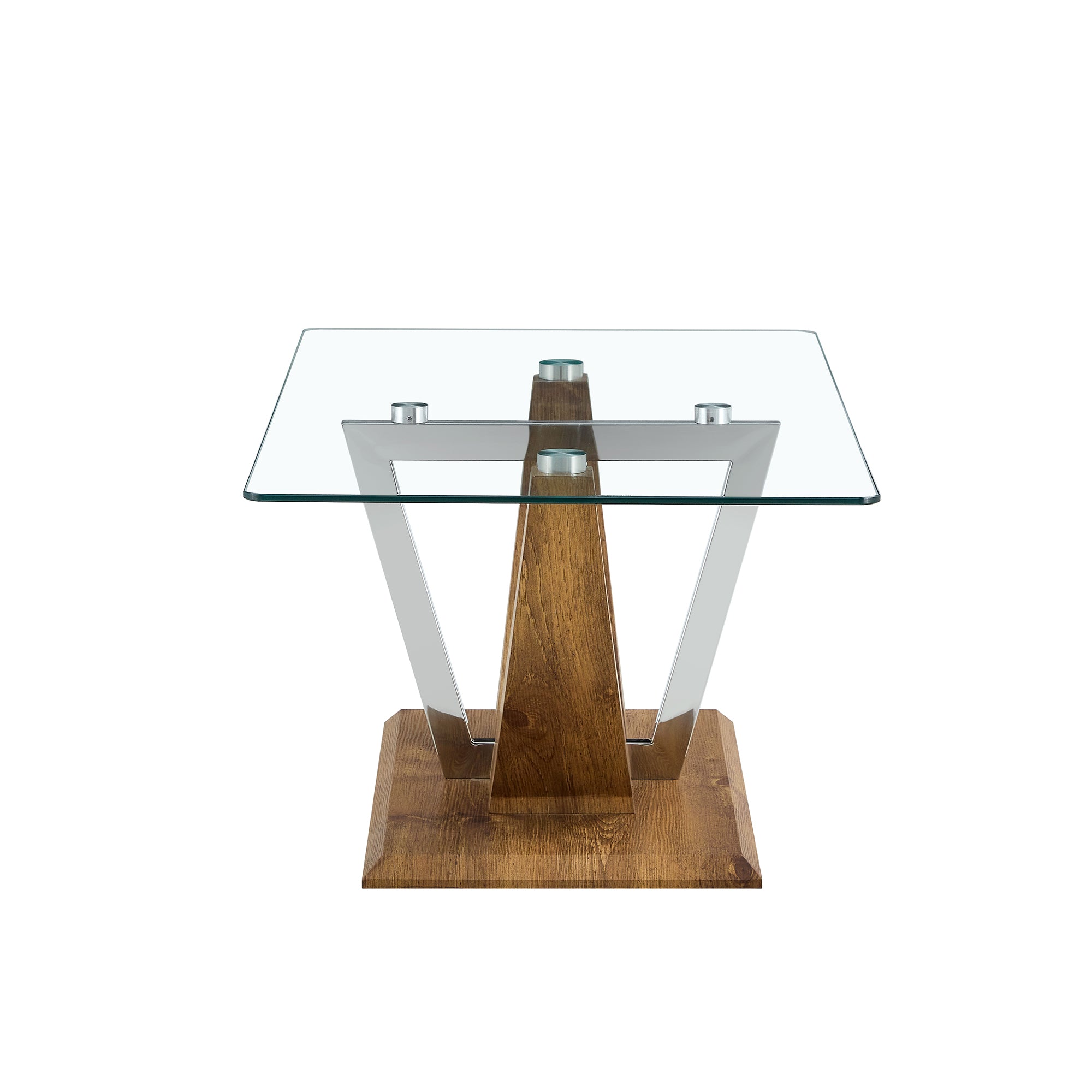 Modern Minimalist Transparent Tempered Glass Coffee Table with Wooden MDF legs and Stainless Steel Decorative Columns