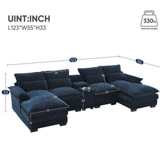 Modern Blue U-shaped Sofa with Cupholders and USB Ports, 6-seat Upholstered Symmetrical Indoor Furniture